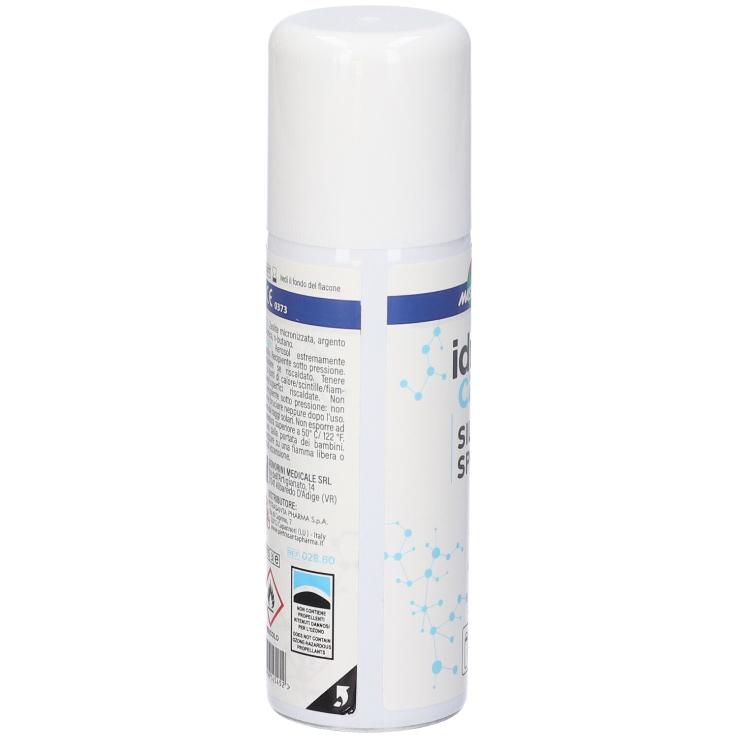 Flacone spray bianco, vista laterale. Scritte blu. Testo e pittogrammi. Contiene avvertenze e marchio CE.
