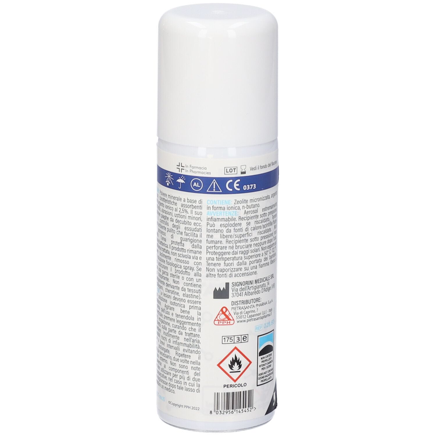 Flacone spray bianco, vista posteriore. Testo in italiano. Contiene avvertenze e marchio CE.