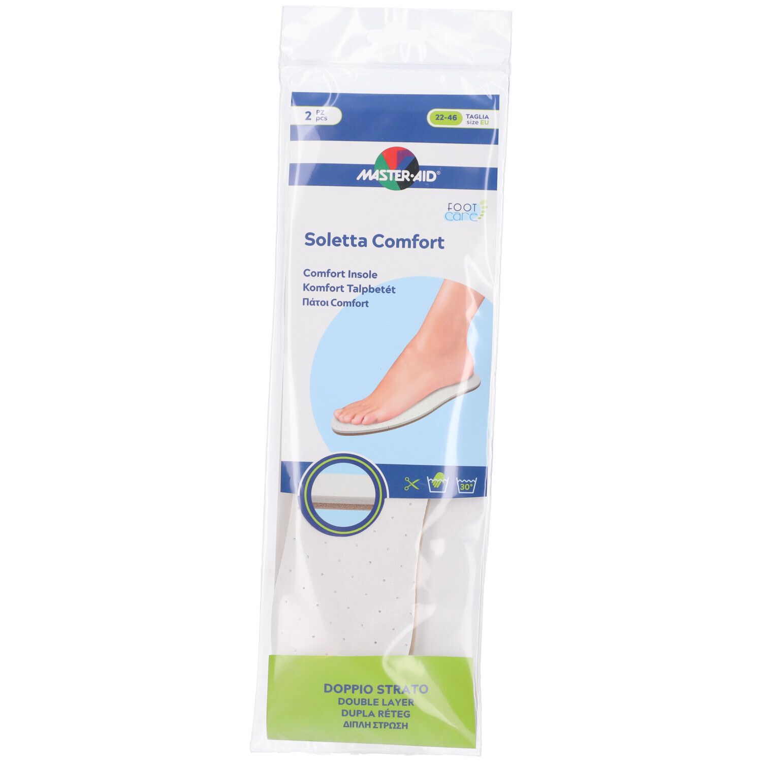 Confezione di due solette. Nome prodotto: Soletta Comfort. Marchio: Master-Aid. Strato doppio.