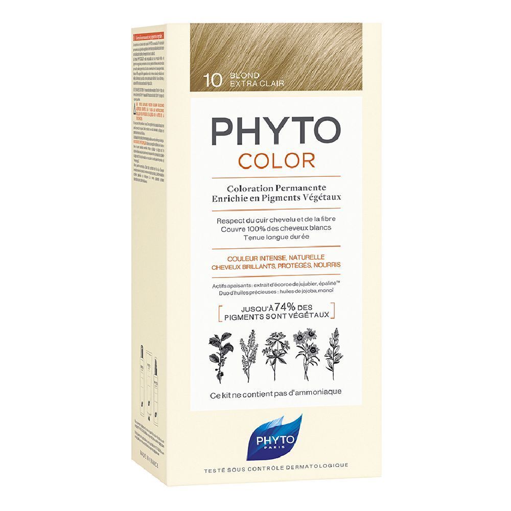 Confezione PHYTO COLOR 10 Biondo Chiarissimo Extra. Contiene testo e logo. Dermatologicamente testato.