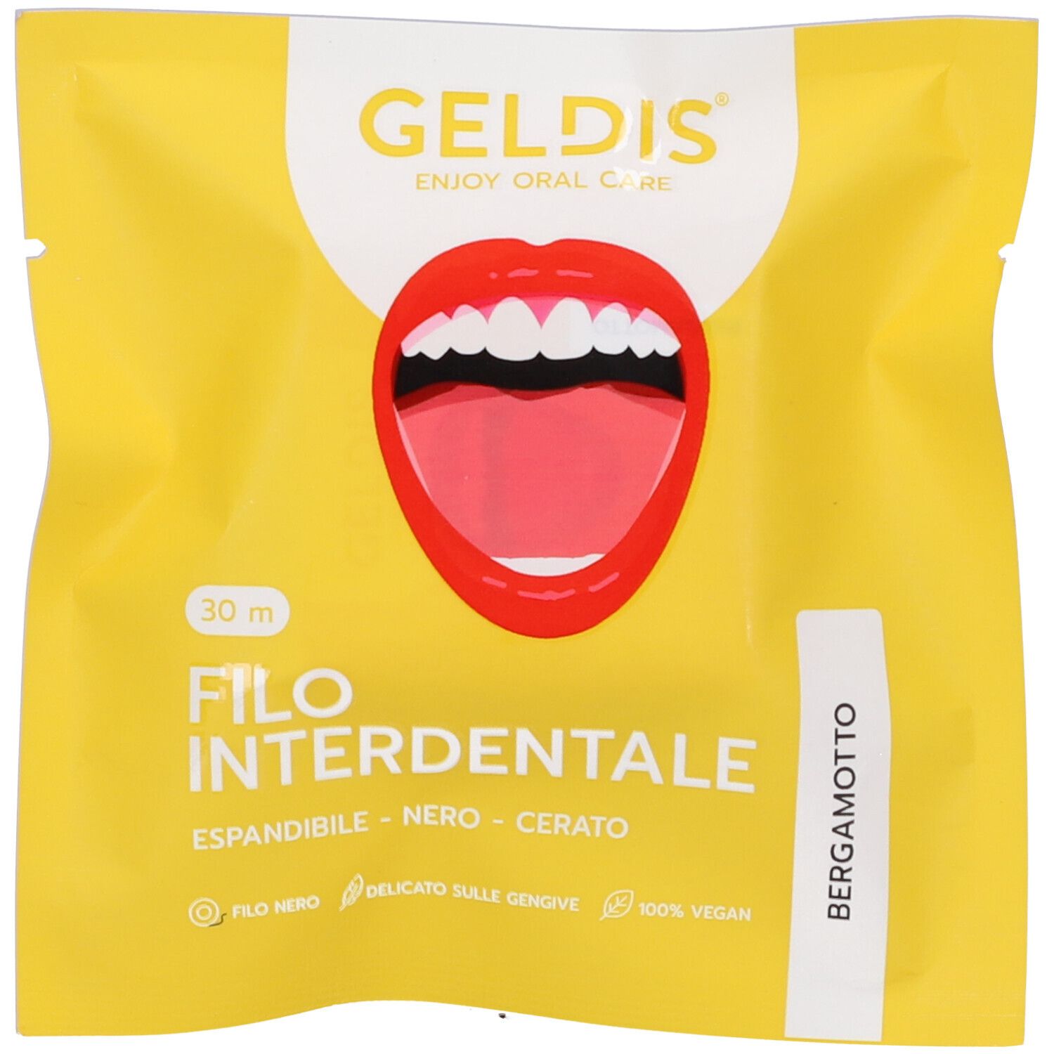 Confezione gialla con logo bocca rossa e testo. Contiene Filo Interdentale. Scritta: Bergamotto.