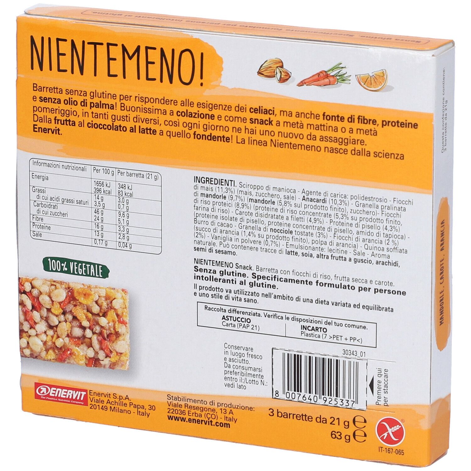 ENERVIT® Nientemeno Barretta Arancia Mandola E Carota 63 G - Redcare