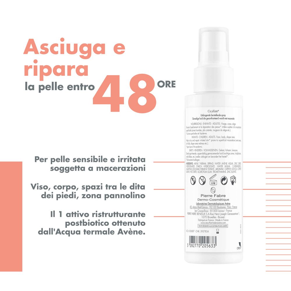 Spray Eau Thermale Avène. Testo: Asciuga e ripara la pelle entro 48 ore. Per pelli sensibili e irritate.
