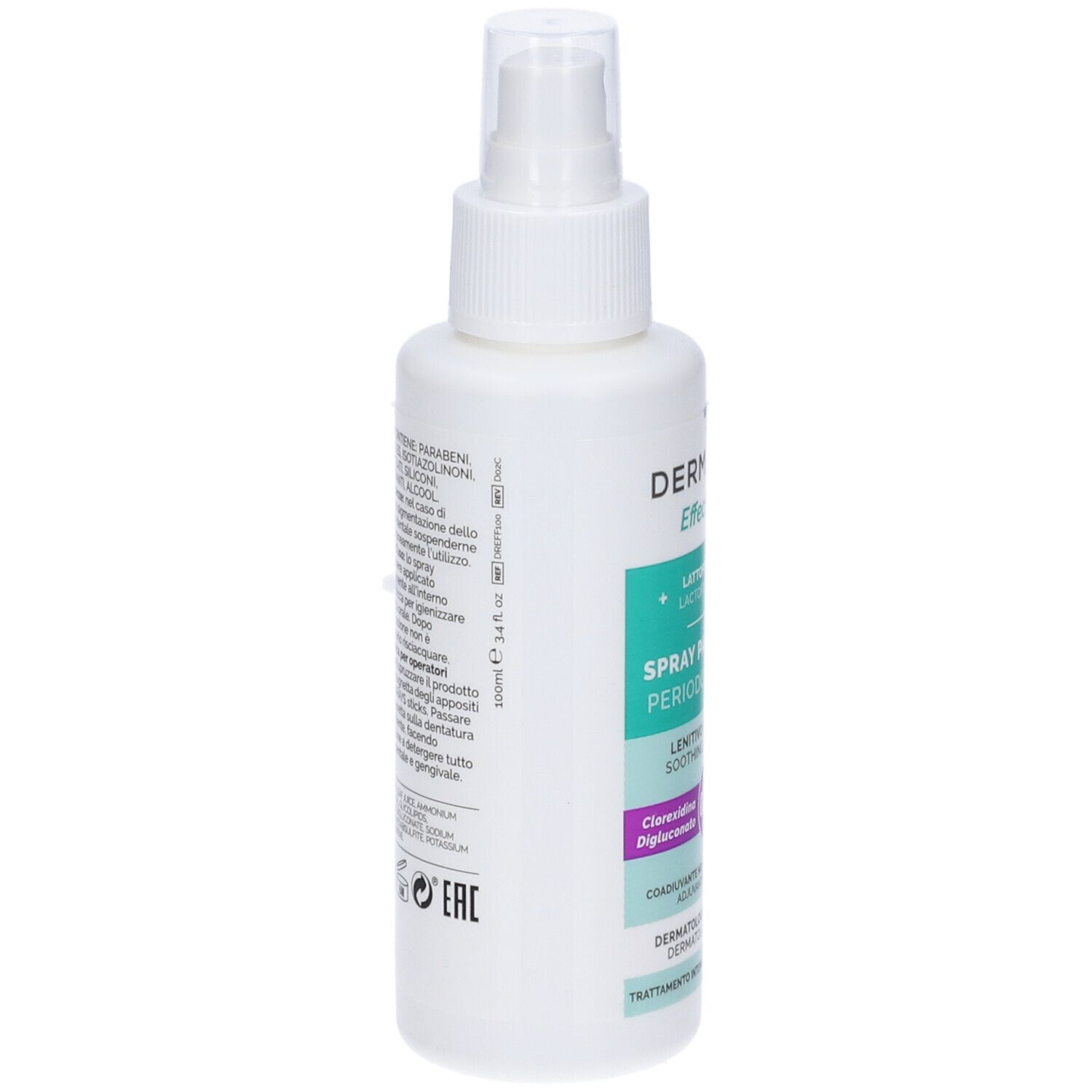 Retro dello spray bianco. Testo: ingredienti, istruzioni per l'uso, informazioni produttore.