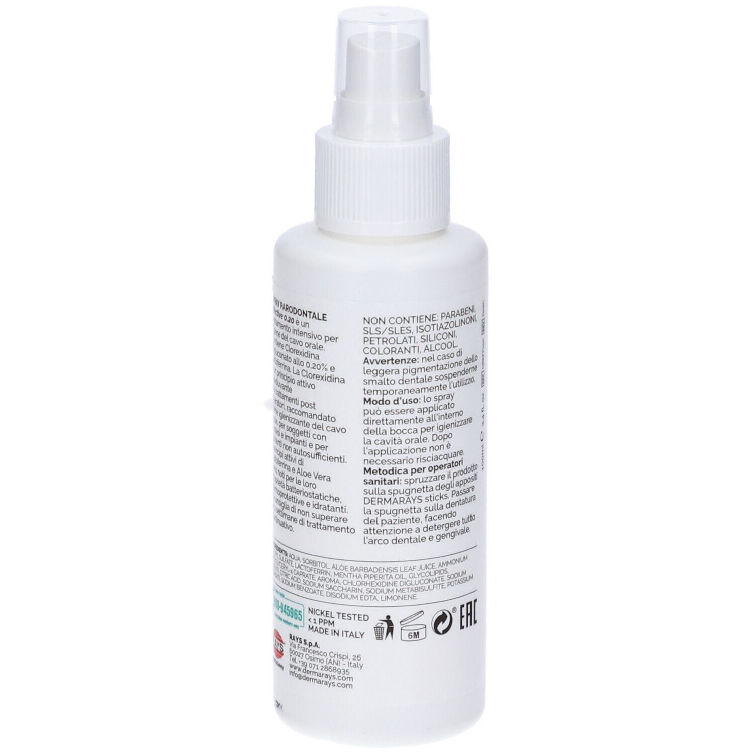 Retro dello spray bianco. Testo: ingredienti, istruzioni per l'uso, informazioni produttore.