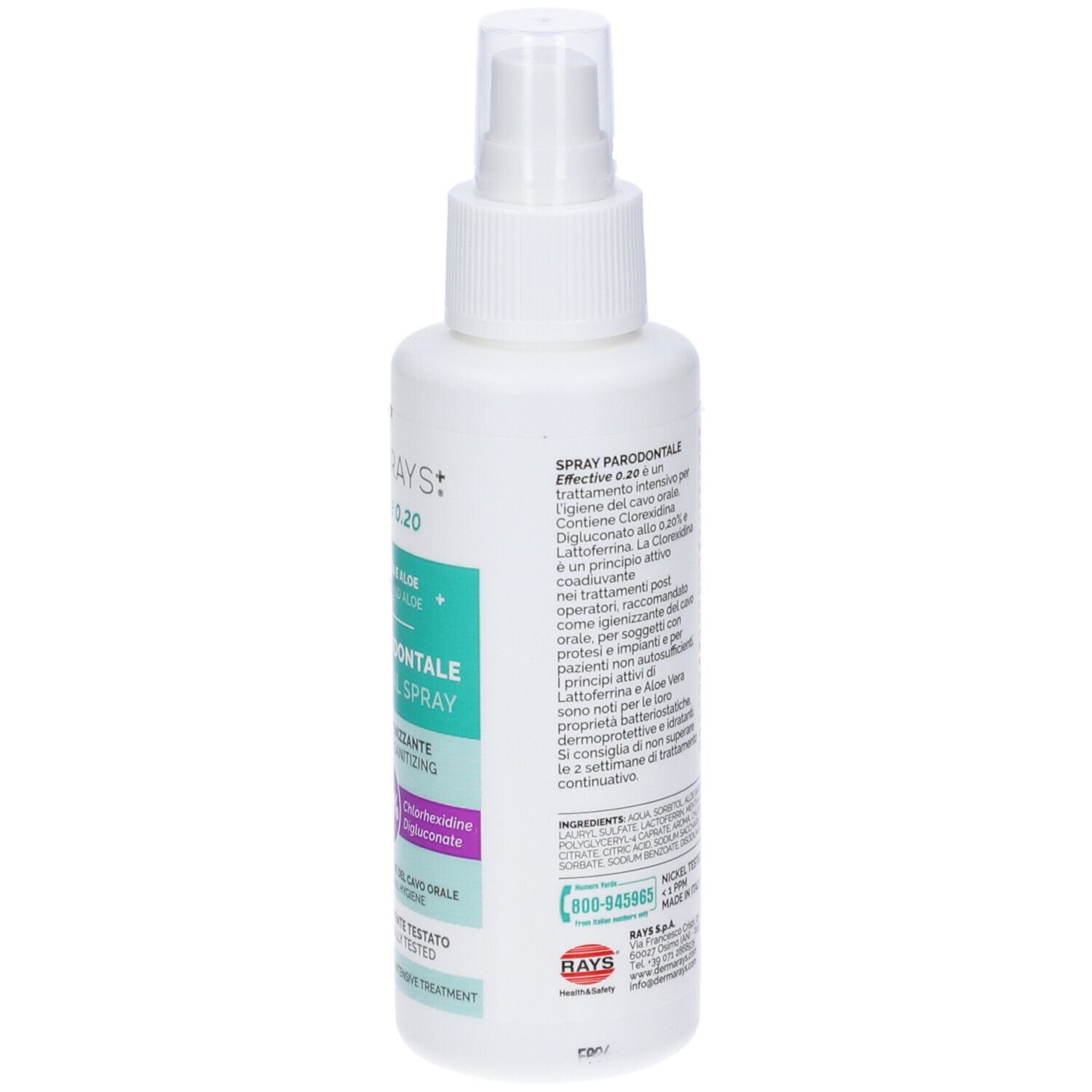 Retro dello spray bianco. Testo: ingredienti, istruzioni per l'uso, informazioni produttore.