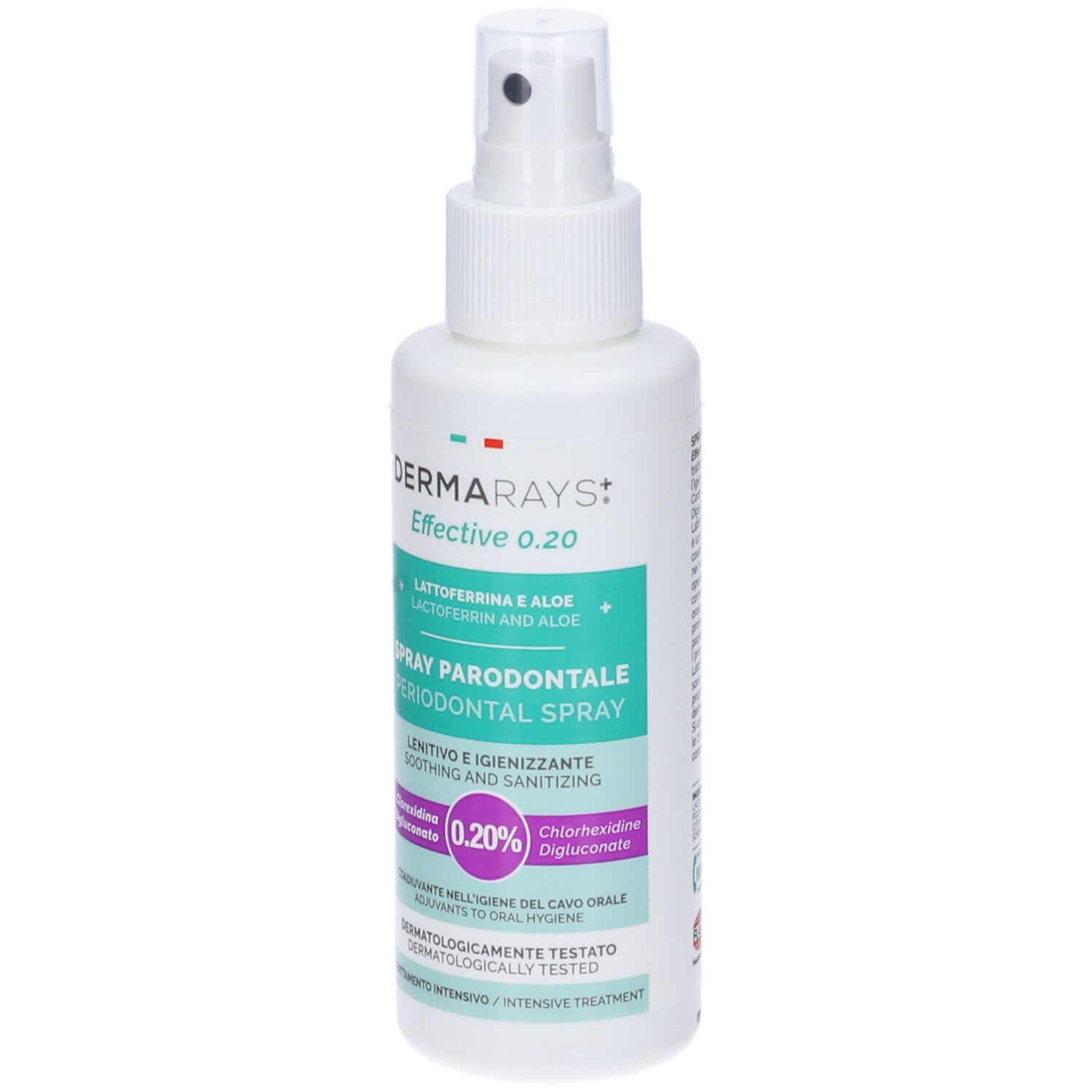 Spray bianco con erogatore. Scritte: Dermarays Effective 0.20, Spray Parodontale, ingredienti.