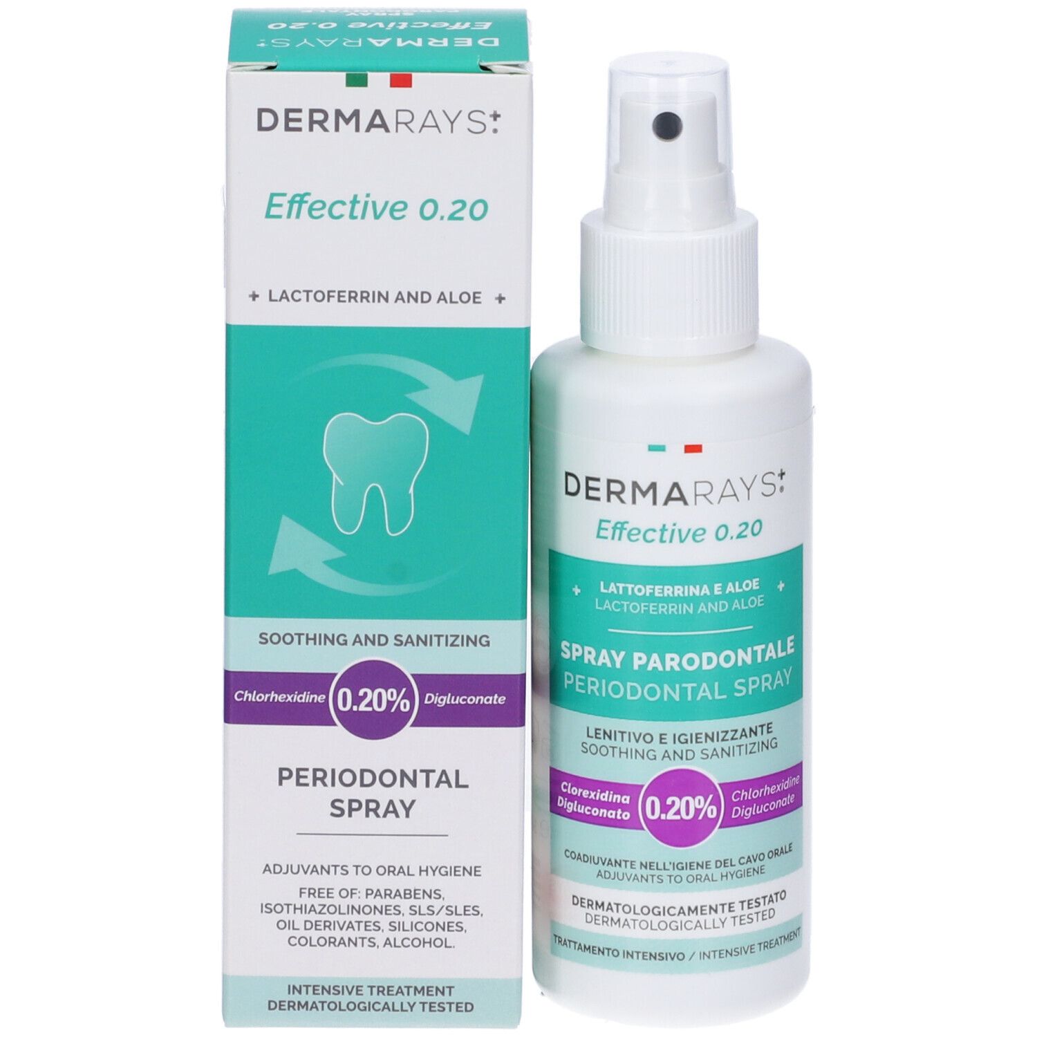 Spray e confezione. Scritte: Dermarays Effective 0.20, Spray Parodontale, ingredienti, simbolo dente.