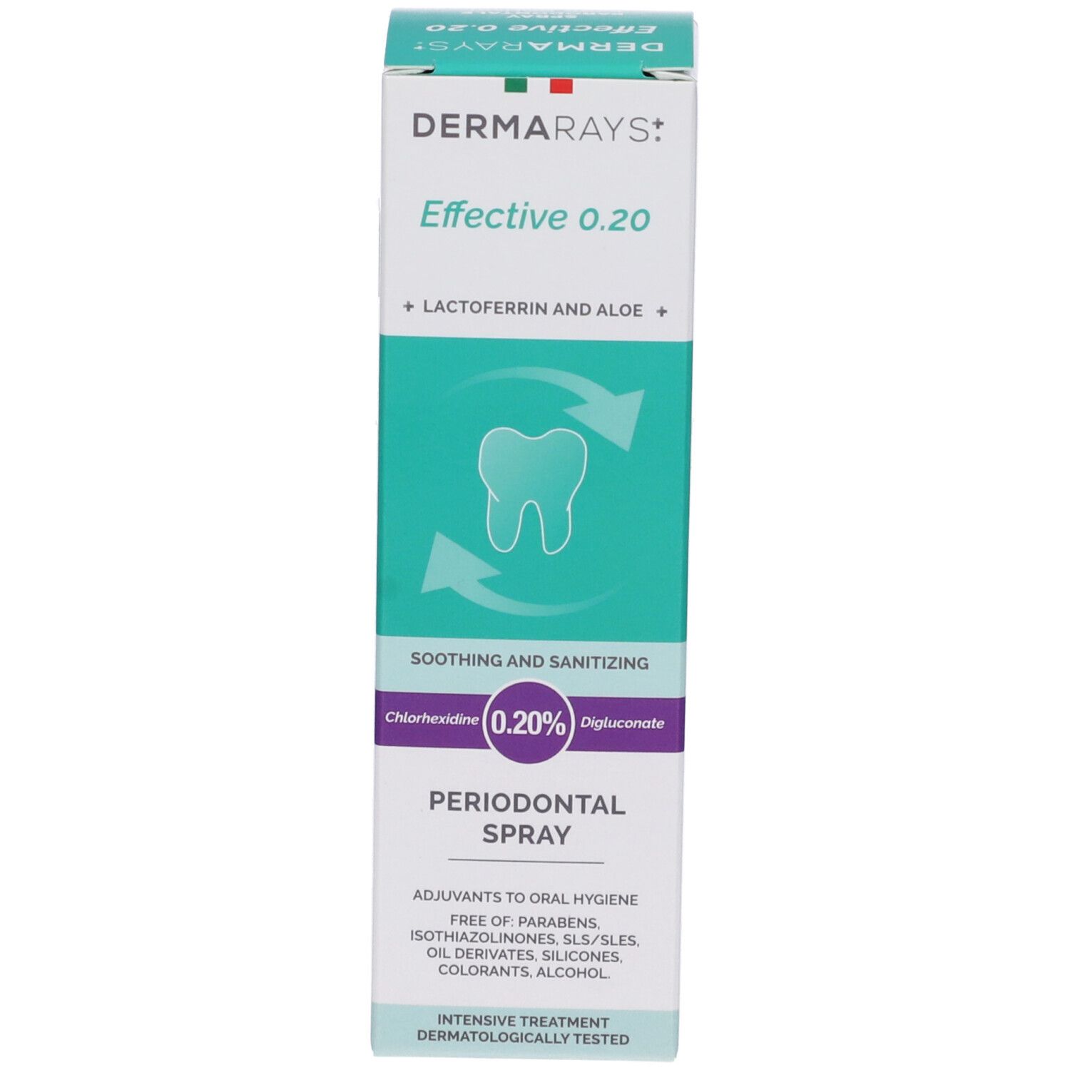 Confezione. Scritte: Dermarays Effective 0.20, Spray Parodontale, ingredienti, simbolo dente.