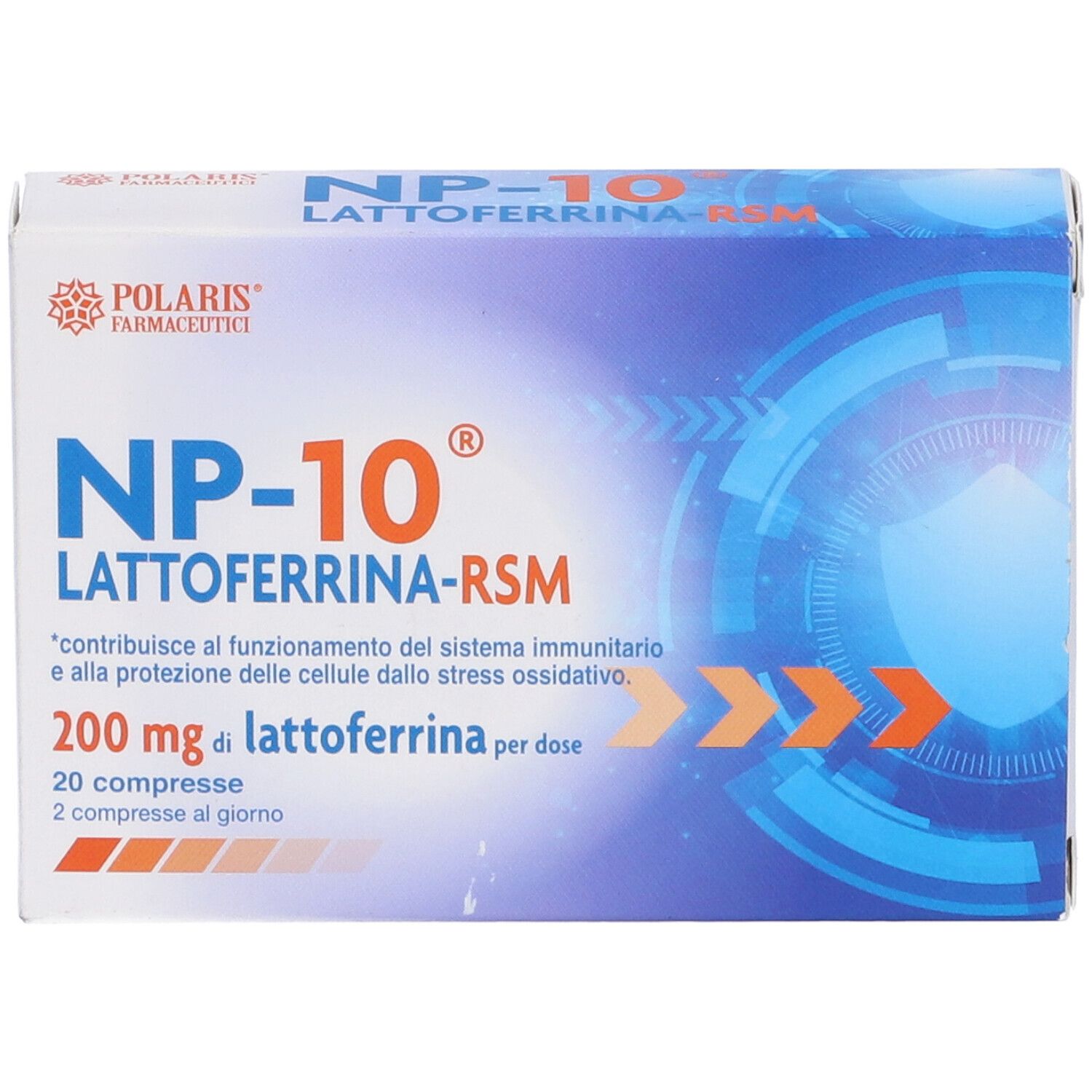 Scatola di NP-10 Lattoferrina-RSM. Confezione blu e bianca con nome del prodotto e informazioni. 20 compresse.