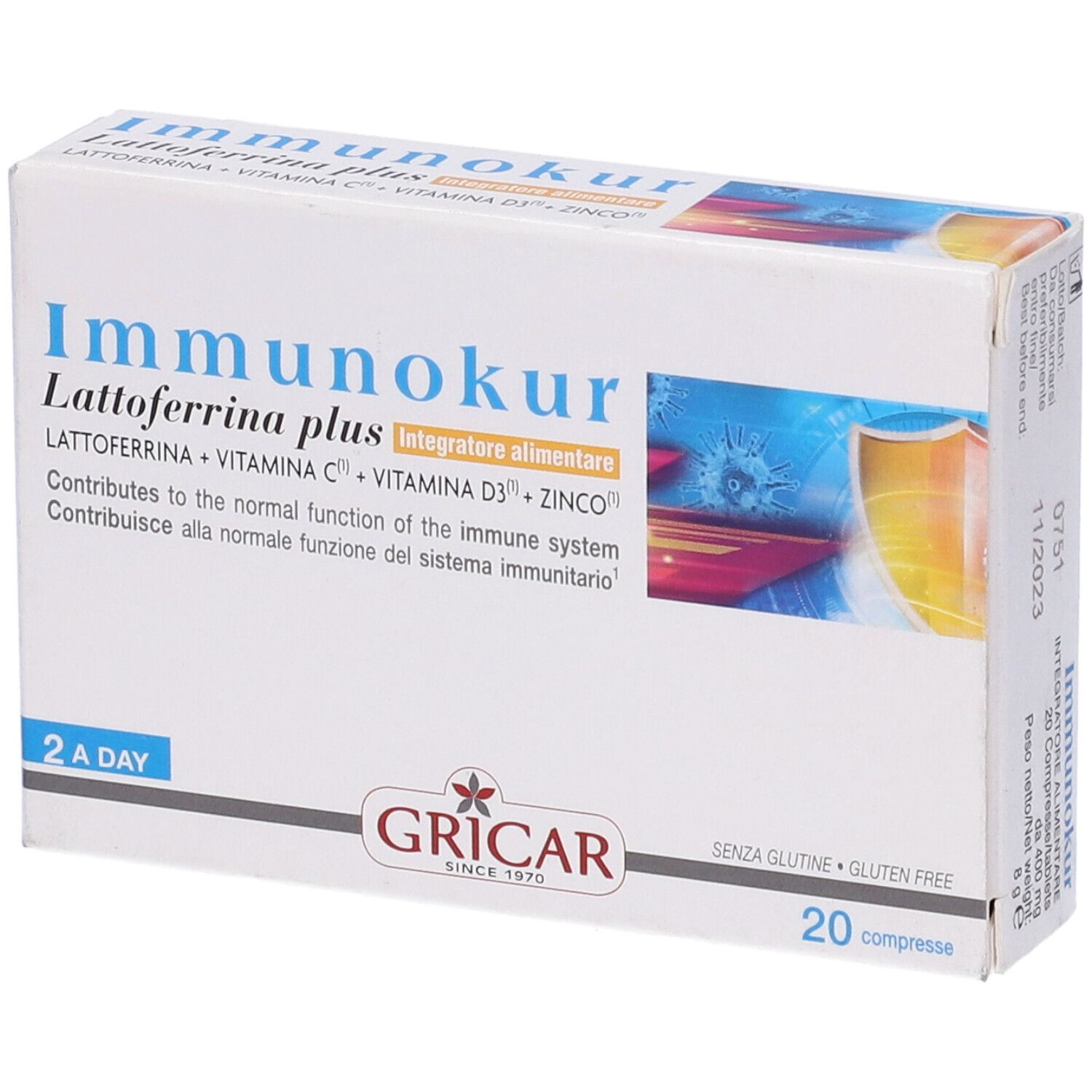 Confezione Immunokur. Scatola bianca con nome, ingredienti e 20 compresse.