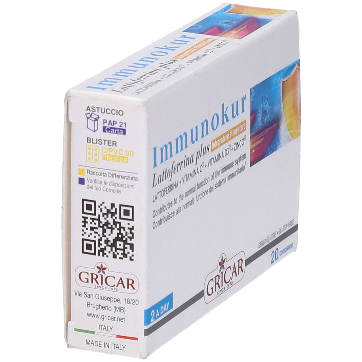 Confezione Immunokur. Scatola bianca con nome, ingredienti e 20 compresse.