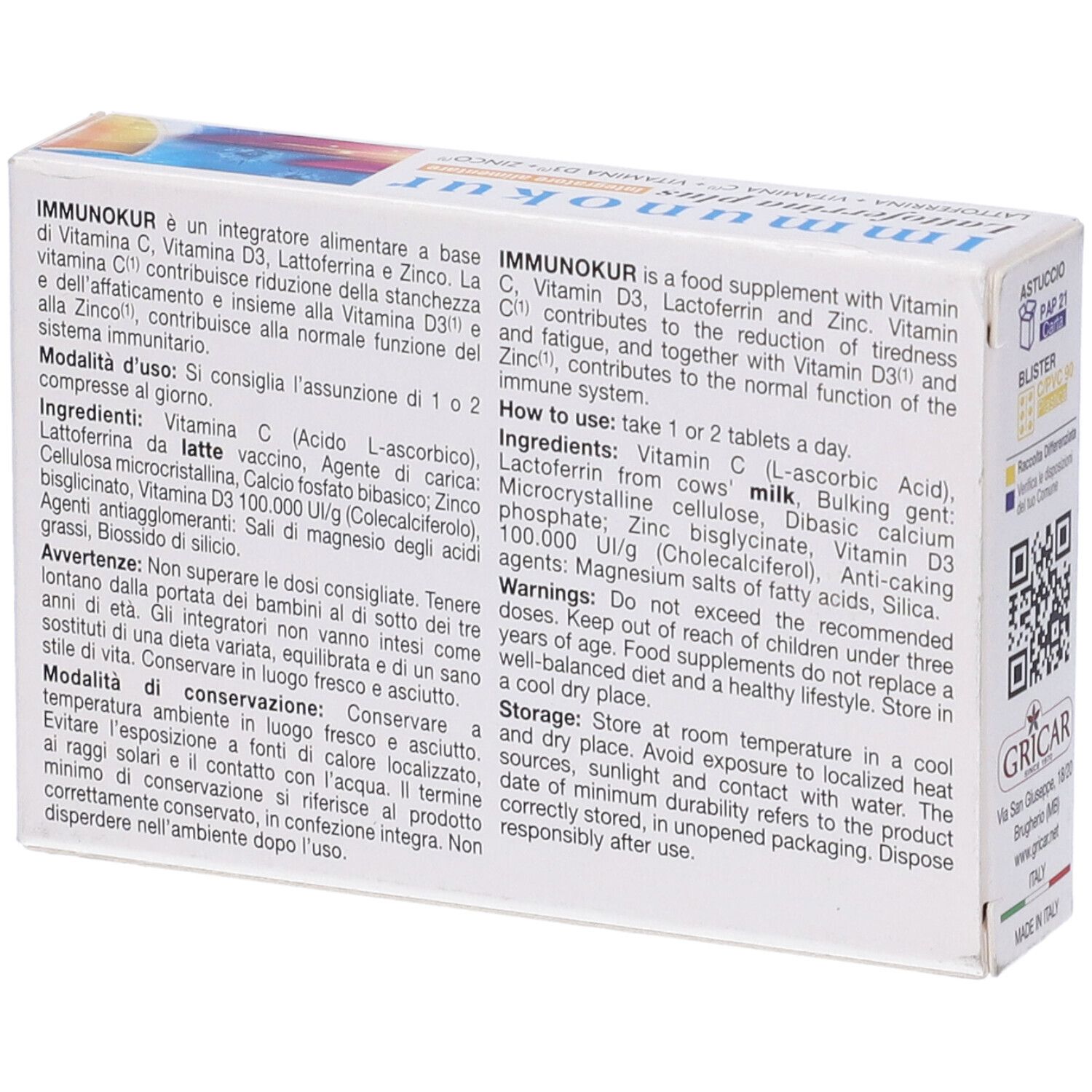 Retro della confezione Immunokur. Testo con ingredienti, uso e avvertenze.