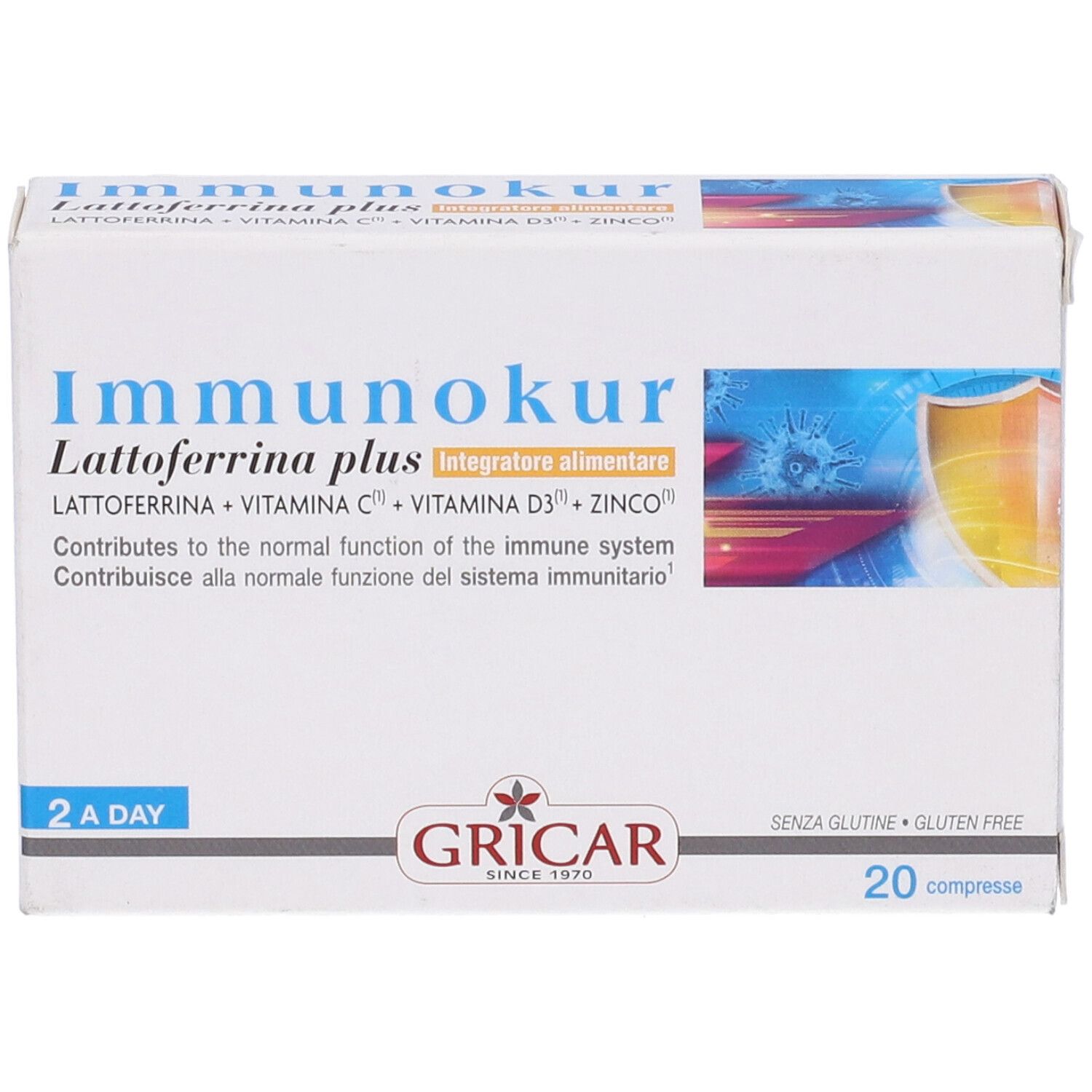 Confezione Immunokur. Scatola bianca con nome, ingredienti e 20 compresse.