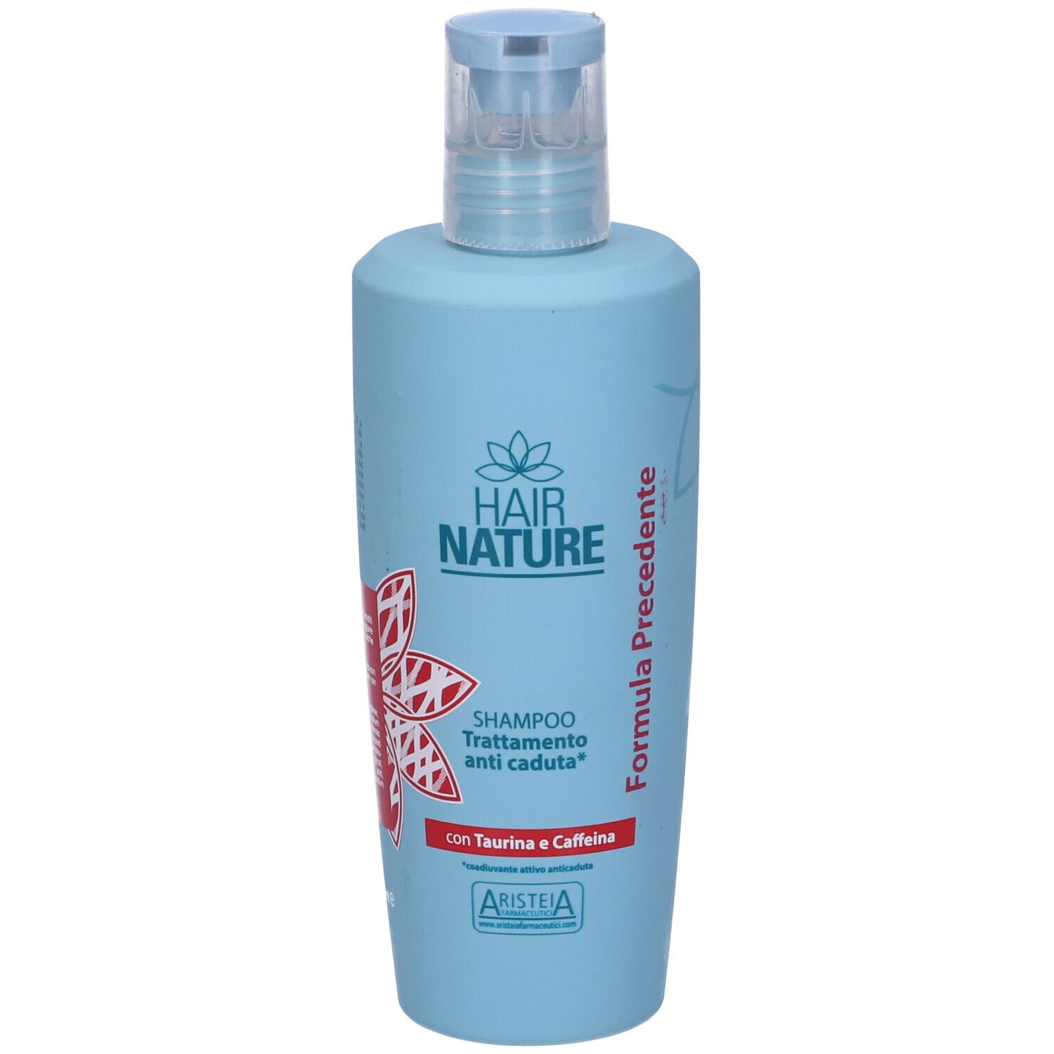 Flacone di shampoo azzurro. Scritta: Hair Nature, Shampoo Trattamento anticaduta. Con Taurina e Caffeina. Formula Precedente.