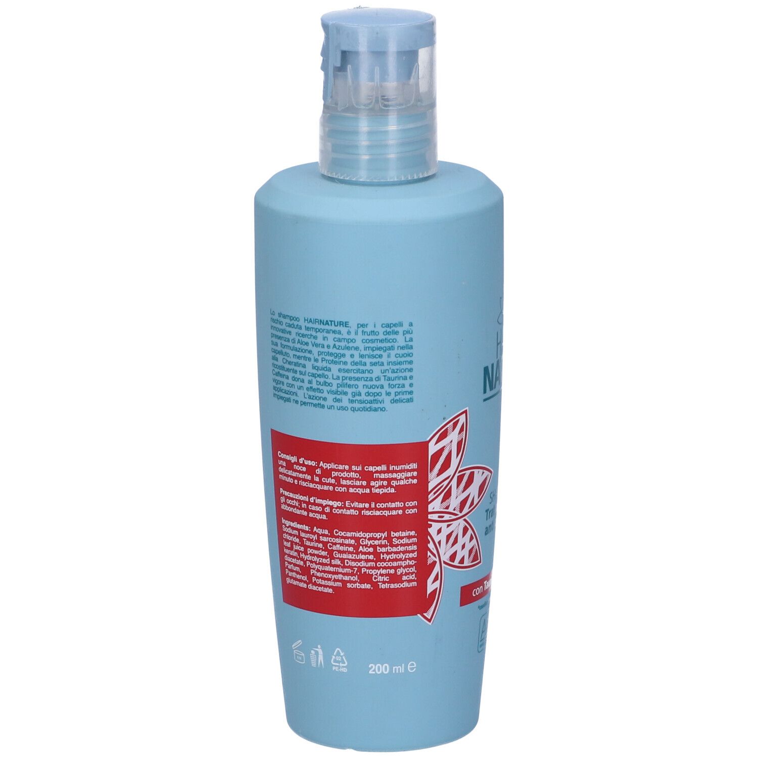Flacone di shampoo azzurro. Scritta: Hair Nature, Shampoo Trattamento anticaduta. Con Taurina e Caffeina. Formula Precedente.