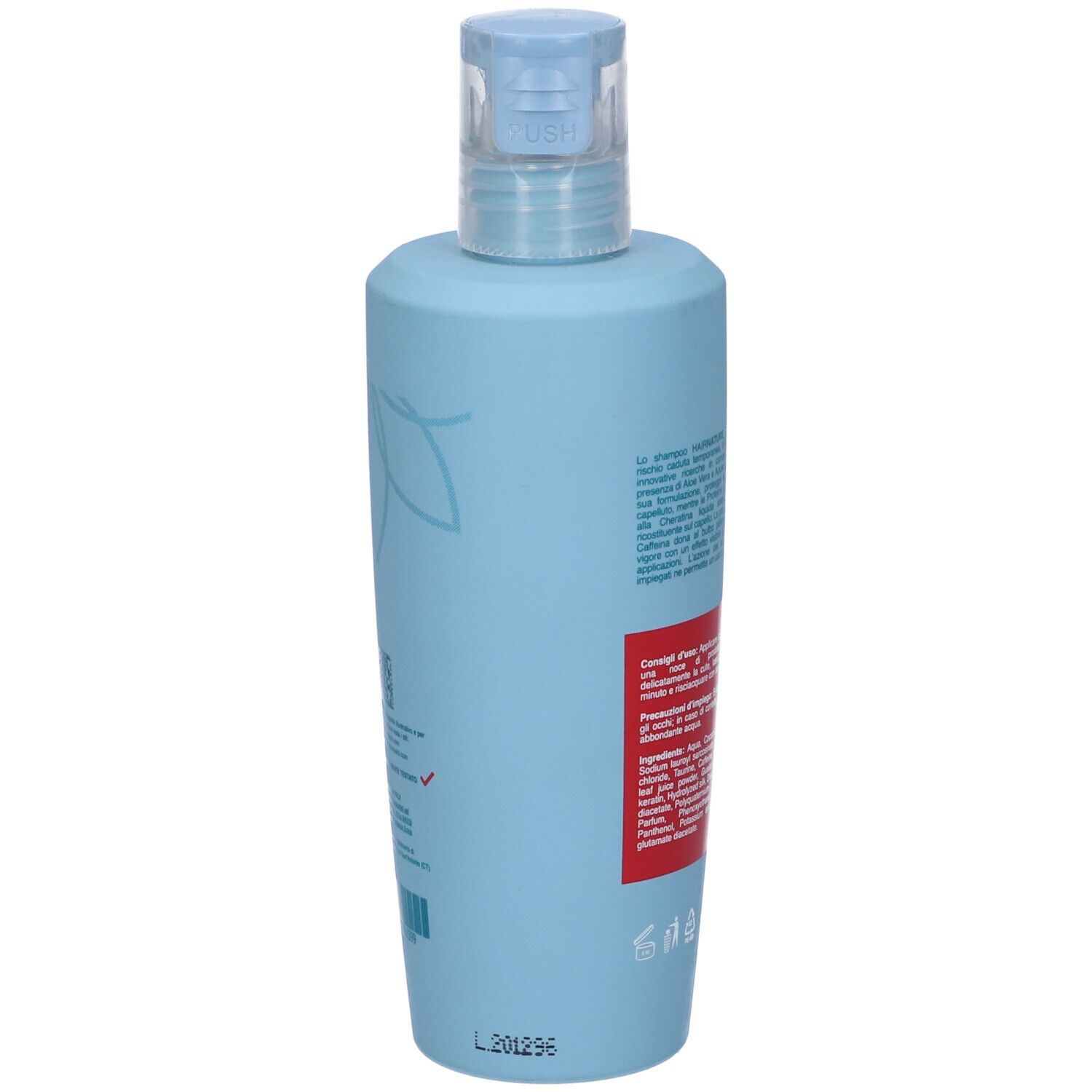 Flacone di shampoo azzurro. Scritta: Hair Nature, Shampoo Trattamento anticaduta. Con Taurina e Caffeina. Formula Precedente.