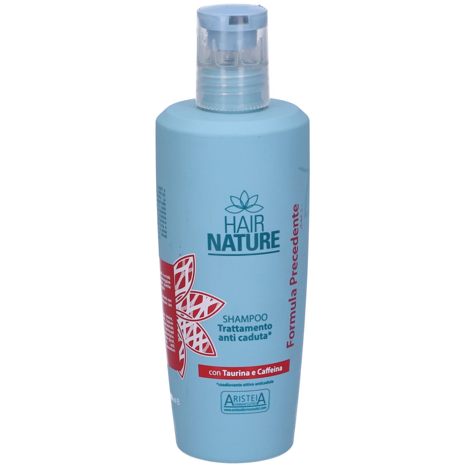 Flacone di shampoo azzurro. Scritta: Hair Nature, Shampoo Trattamento anticaduta. Con Taurina e Caffeina. Formula Precedente.