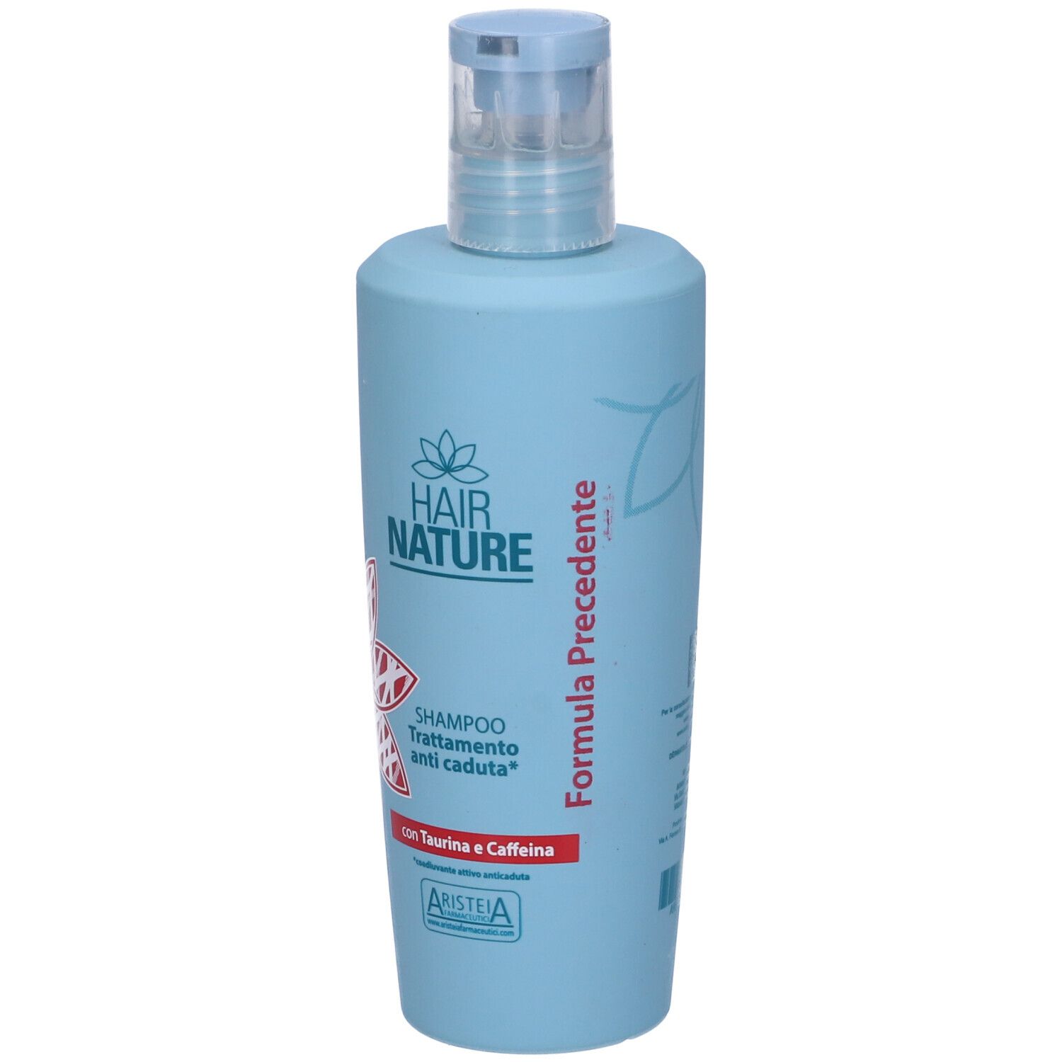 Flacone di shampoo azzurro. Scritta: Hair Nature, Shampoo Trattamento anticaduta. Formula Precedente.