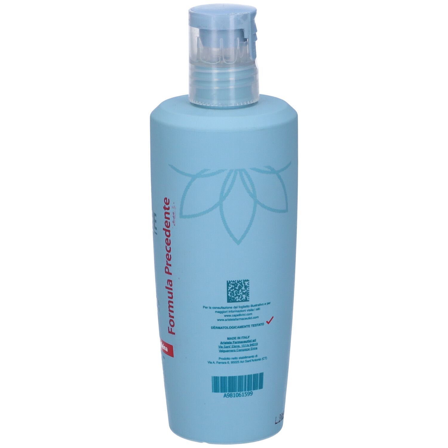 Flacone di shampoo azzurro. Scritta: Hair Nature, Formula Precedente. Codice QR e codice a barre.