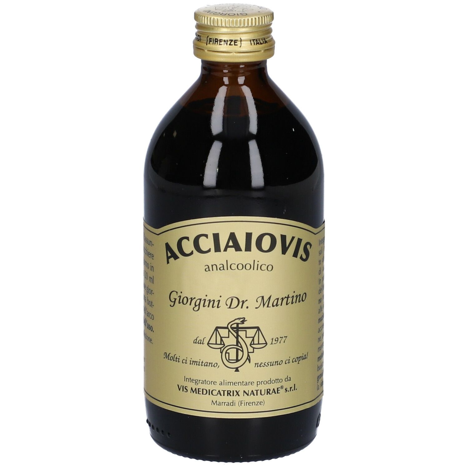 Bottiglia di vetro marrone con etichetta dorata. Scritta: Acciaiovis analcoolico, Giorgini Dr. Martino. Tappo dorato. Etichetta con simbolo della bilancia.