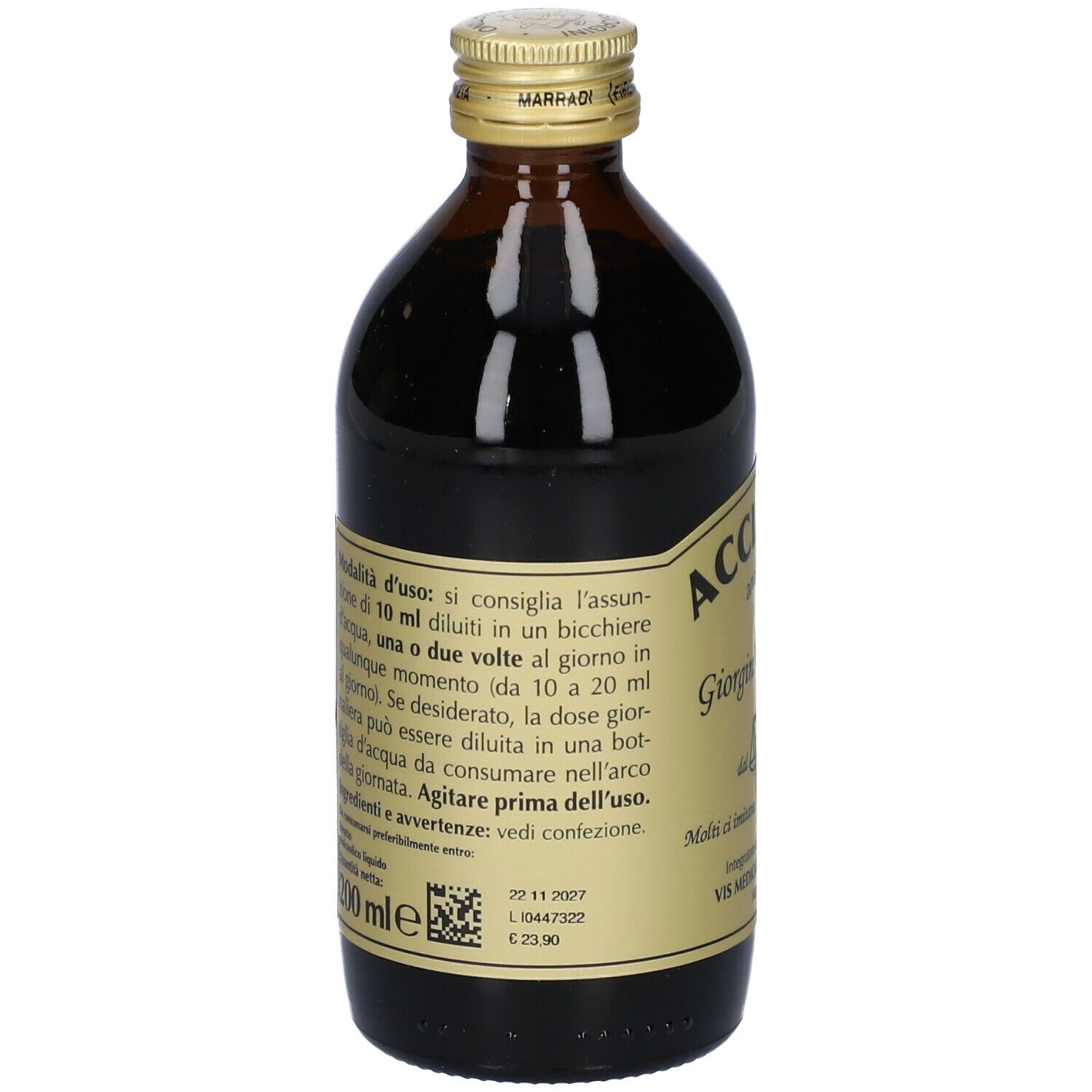 Bottiglia di vetro marrone con etichetta dorata. Scritta: Acciaiovis analcoolico, Giorgini Dr. Martino. Tappo dorato. Retro con testo e codice a barre.