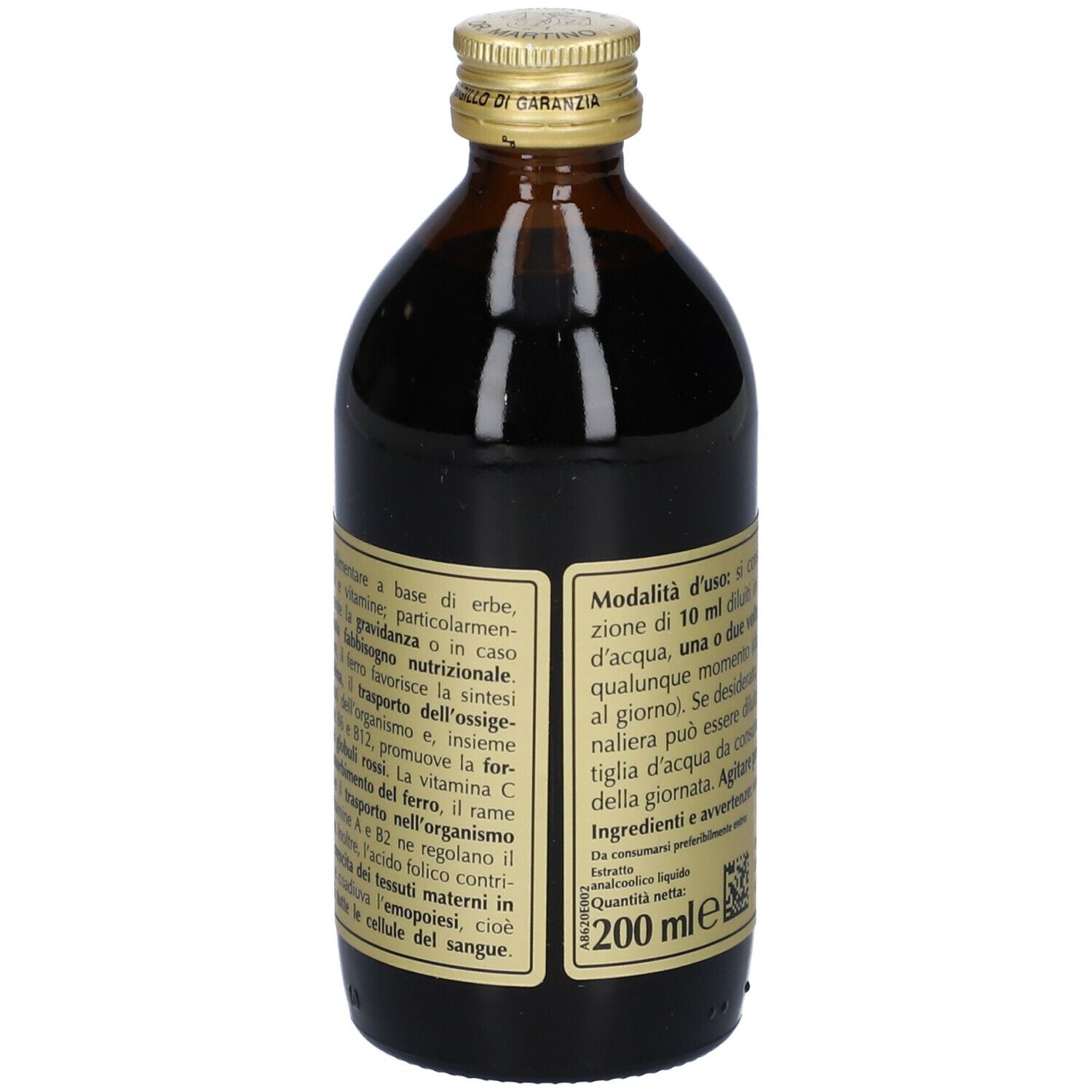 Bottiglia di vetro marrone con etichetta dorata. Scritta: Acciaiovis analcoolico, Giorgini Dr. Martino. Tappo dorato. Retro con testo e 200 ml.