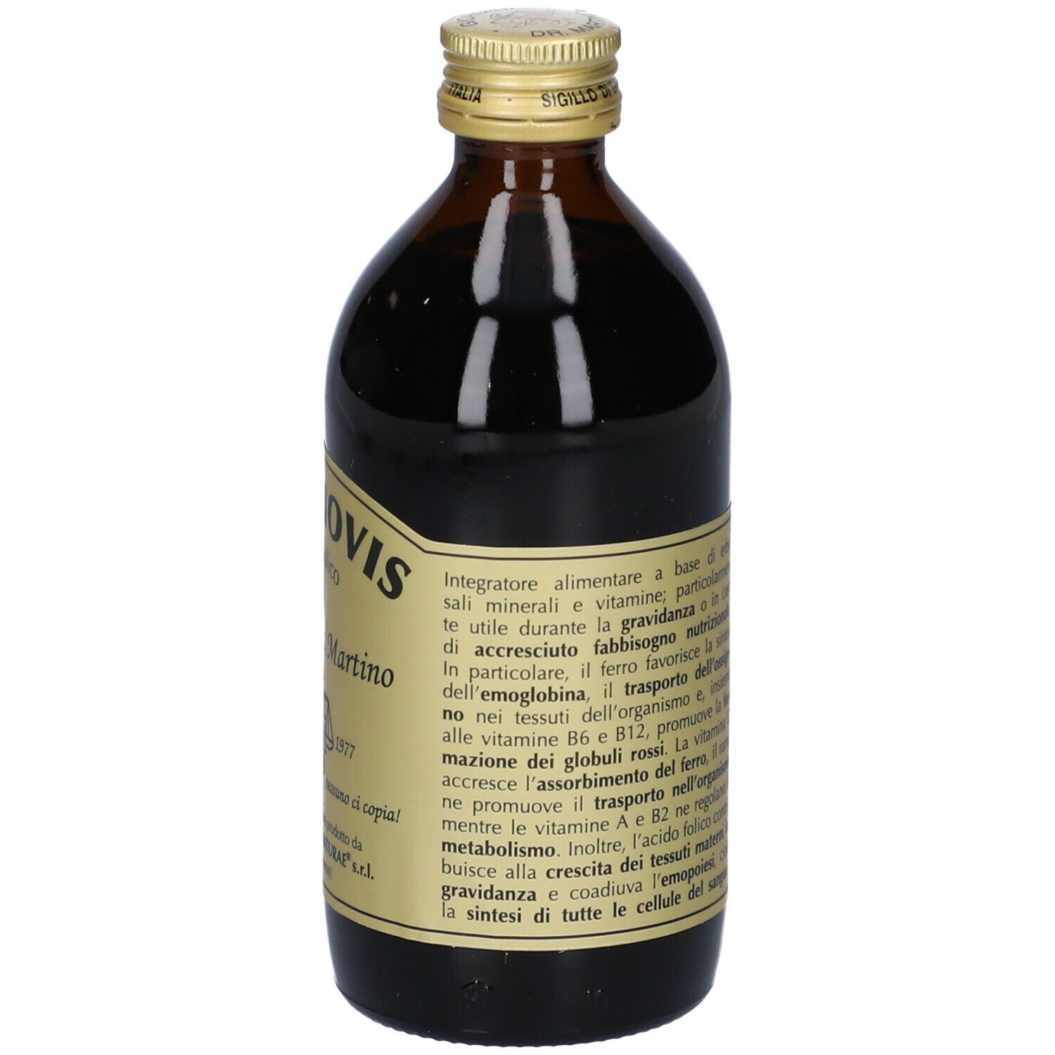 Bottiglia di vetro marrone con etichetta dorata. Scritta: Acciaiovis analcoolico, Giorgini Dr. Martino. Tappo dorato. Retro con testo.