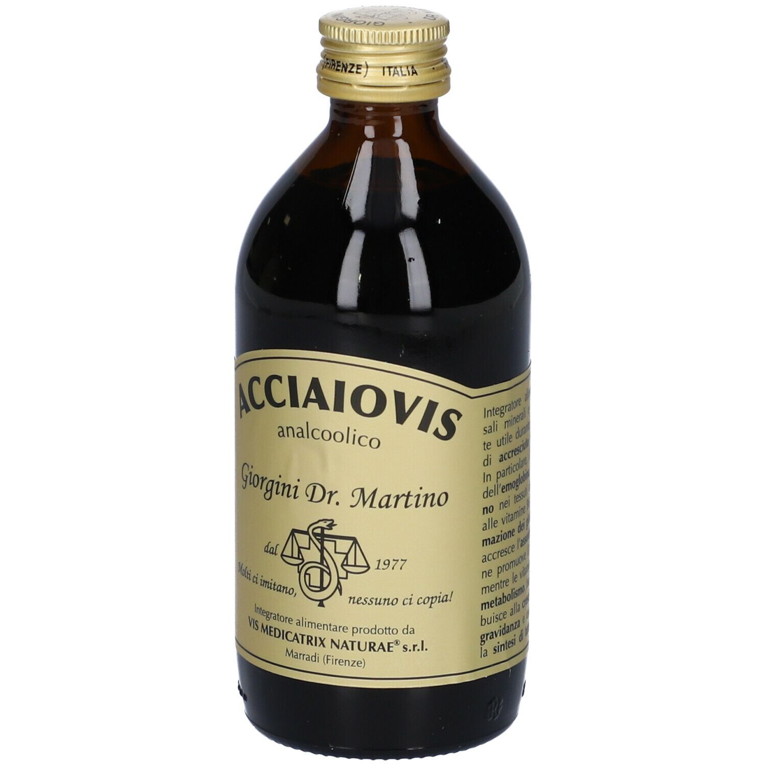 Bottiglia di vetro marrone con etichetta dorata. Scritta: Acciaiovis analcoolico, Giorgini Dr. Martino. Tappo dorato. Etichetta con simbolo della bilancia.
