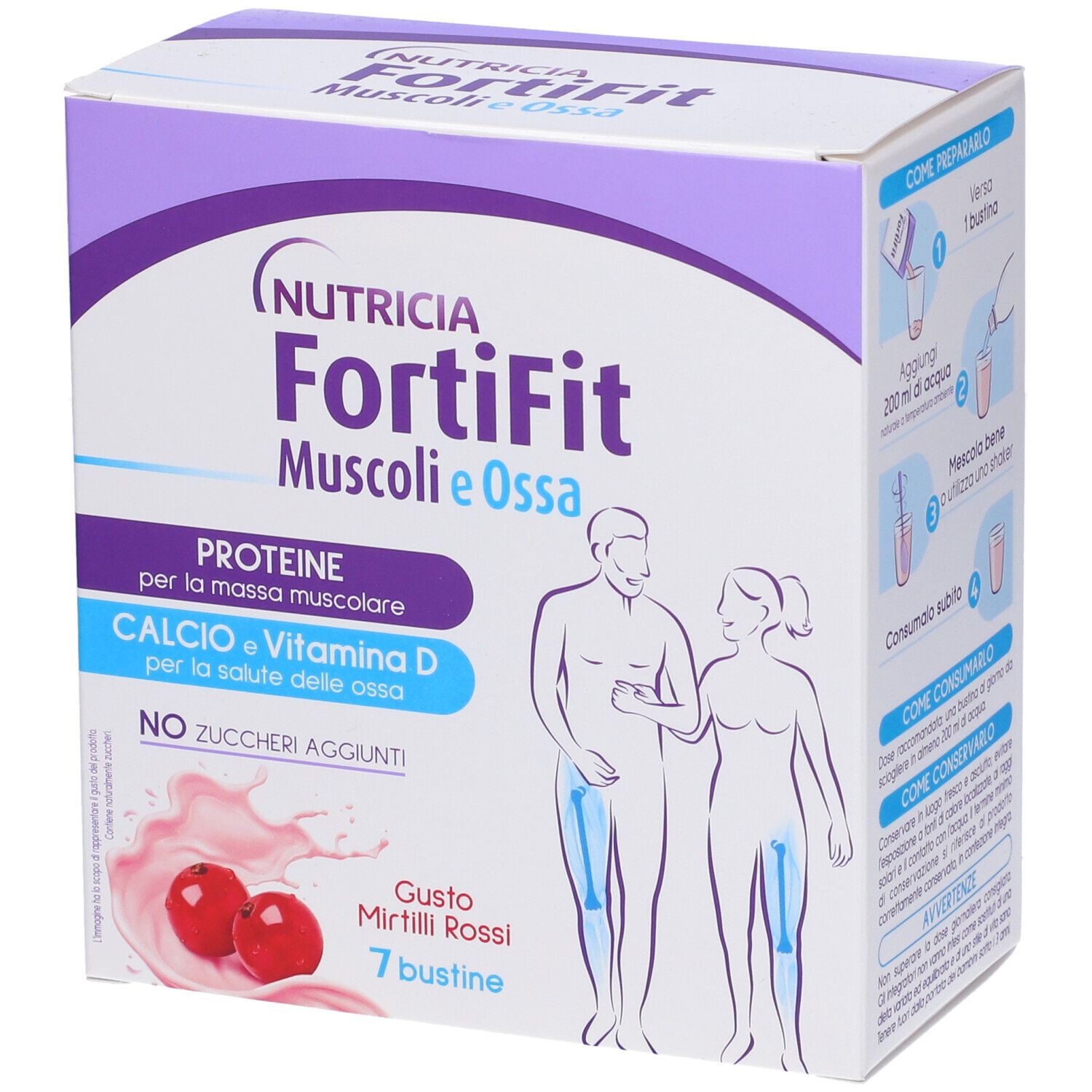 Confezione di Nutricia Fortifit Muscoli&ossa. Contiene 7 bustine gusto Mirtilli Rossi. Contiene proteine, calcio e vitamina D.