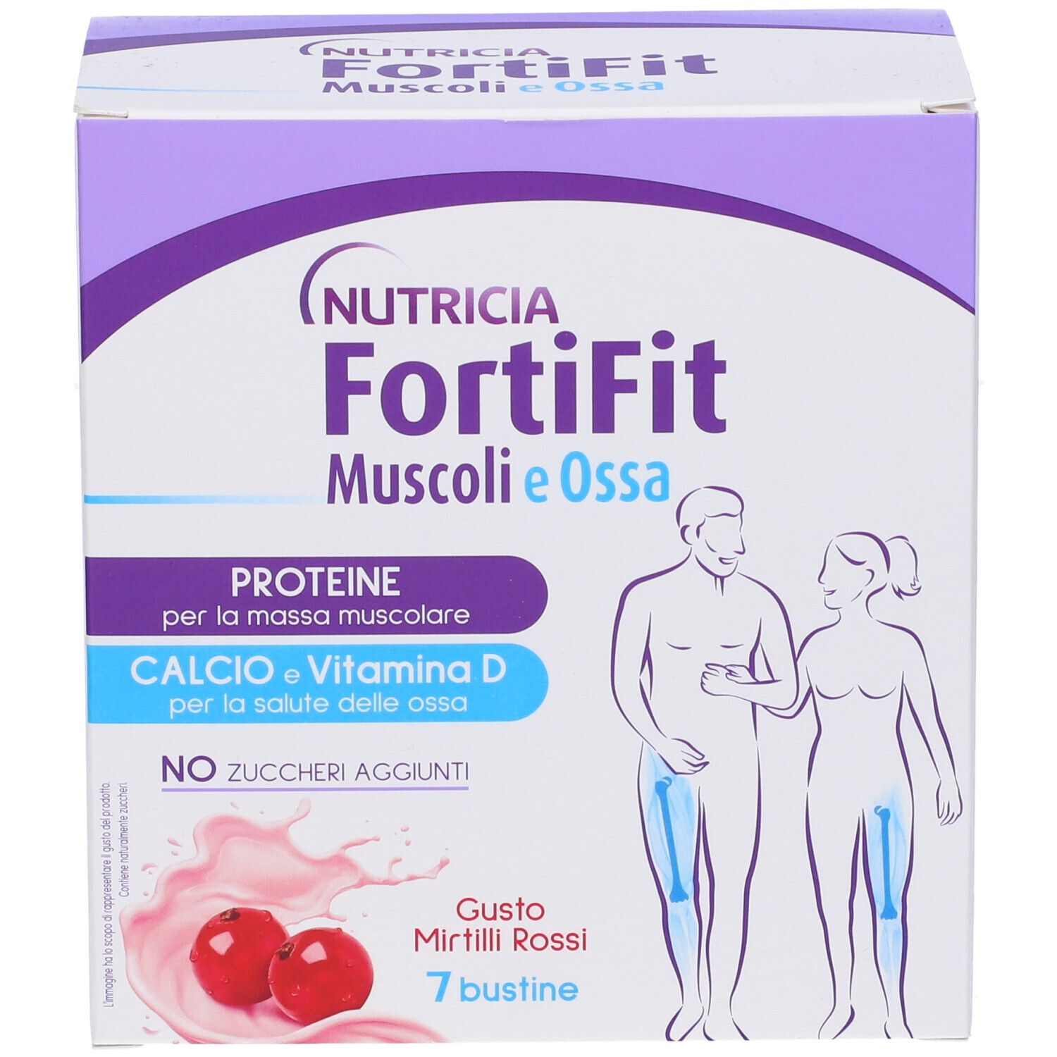 Confezione di Nutricia Fortifit Muscoli&ossa. Contiene 7 bustine gusto Mirtilli Rossi. Contiene proteine, calcio e vitamina D.