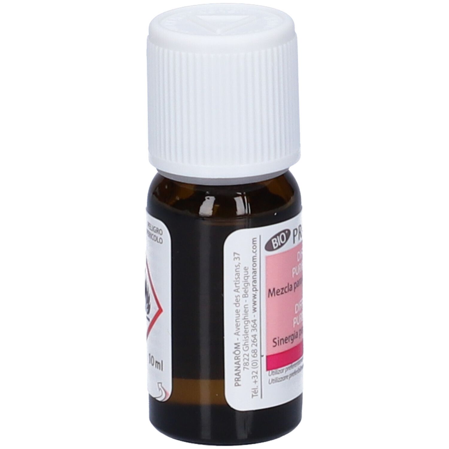 Flacone di vetro marrone con tappo bianco. Etichetta con informazioni sul prodotto. Simboli di pericolo e "Pranarom" visibili.