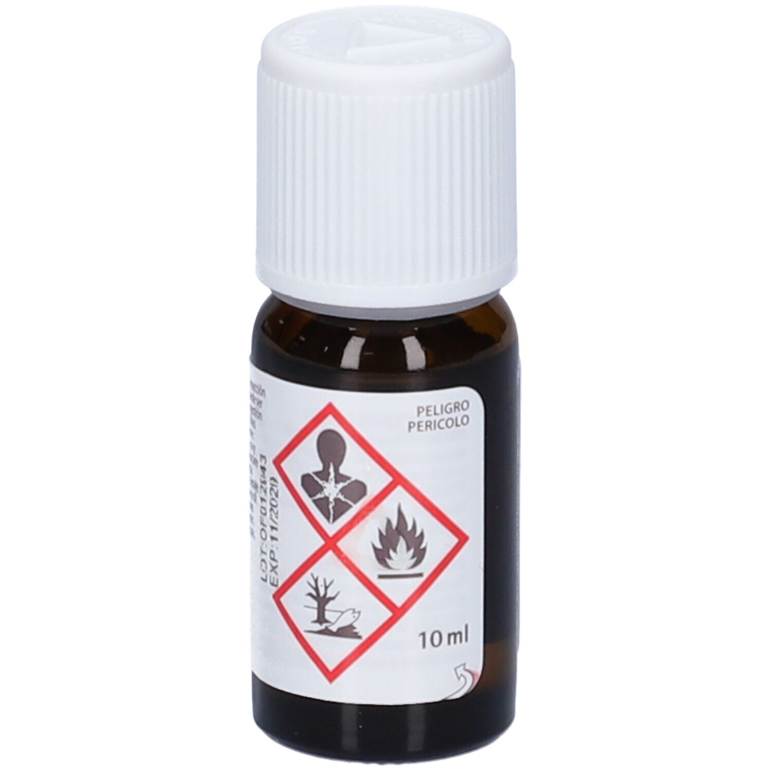 Flacone di vetro marrone con tappo bianco. Simboli di pericolo e volume 10 ml. Etichetta con informazioni.