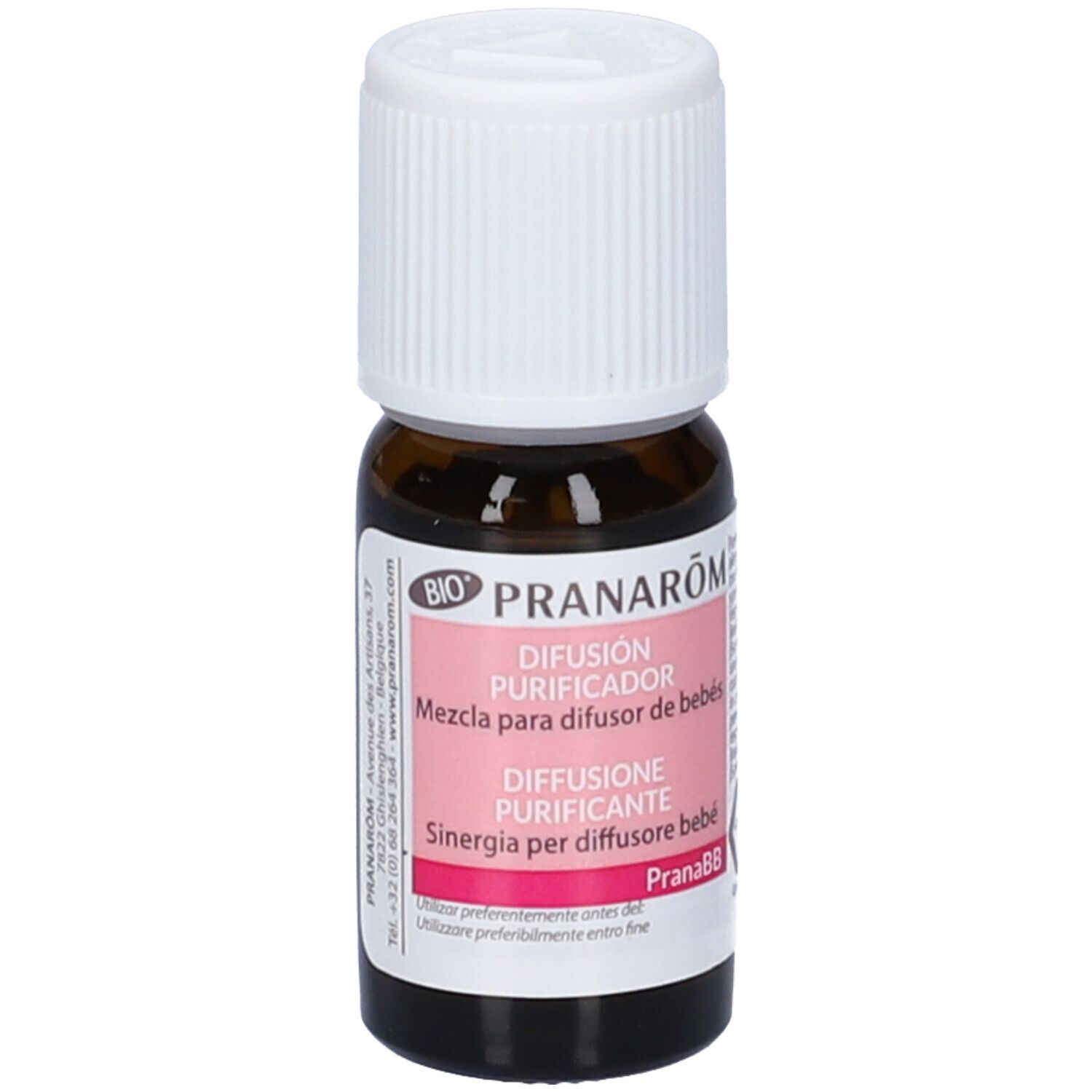 Flacone di vetro marrone con tappo bianco. Etichetta rosa con nome del prodotto. Visibili "Pranarom" e "Pranabebe".