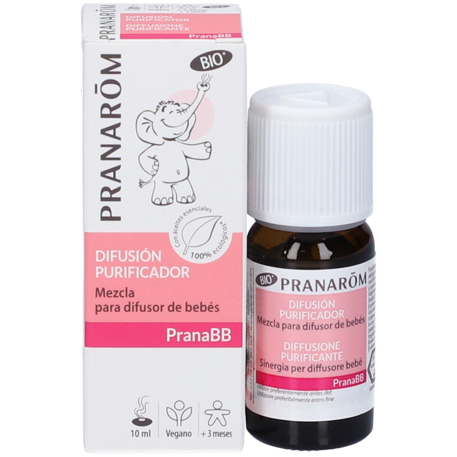 Flacone e confezione. Flacone con tappo bianco, confezione rosa. Visibili "Pranarom" e "Pranabebe".