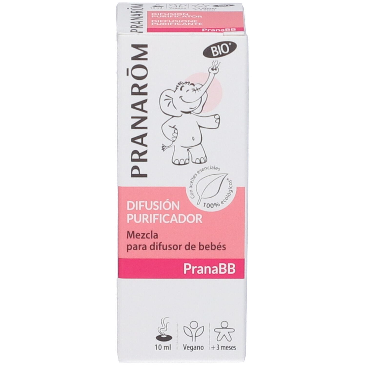 Confezione del prodotto con accenti rosa. Visibili "Pranarom" e "Pranabebe". Illustrazione di un elefante.