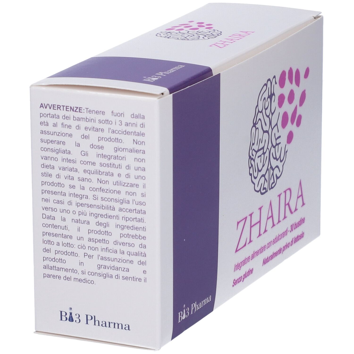 Scatola "Zhaira 30 Bustine". Accento viola, illustrazione cervello. Testo: avvertenze e "Zhaira".