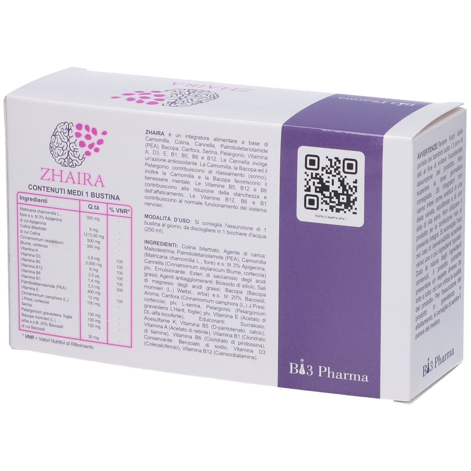 Retro scatola "Zhaira 30 Bustine". Lista ingredienti, codice QR. Accento viola. Testo: "Zhaira".
