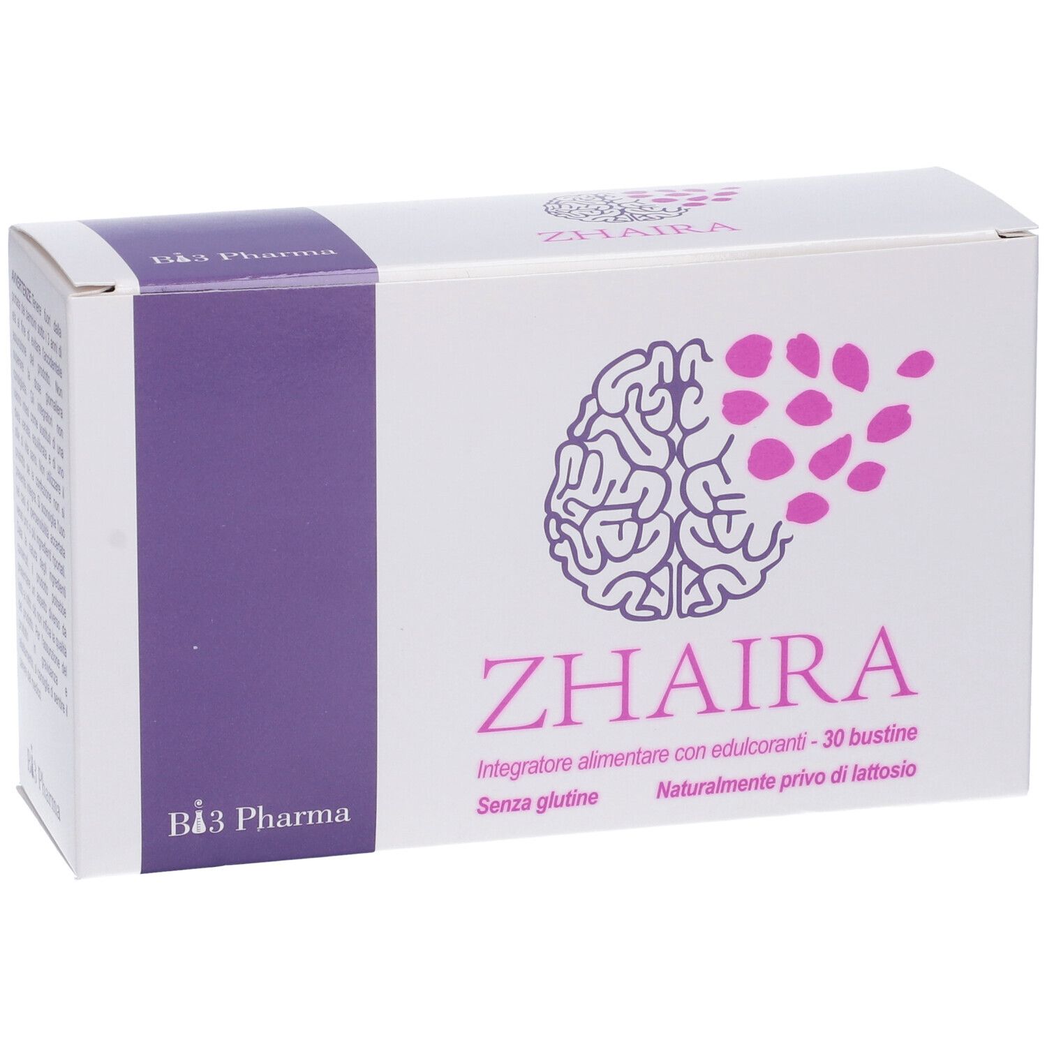 Scatola "Zhaira 30 Bustine". Accento viola, illustrazione cervello. Testo: "Integratore alimentare...Senza glutine".