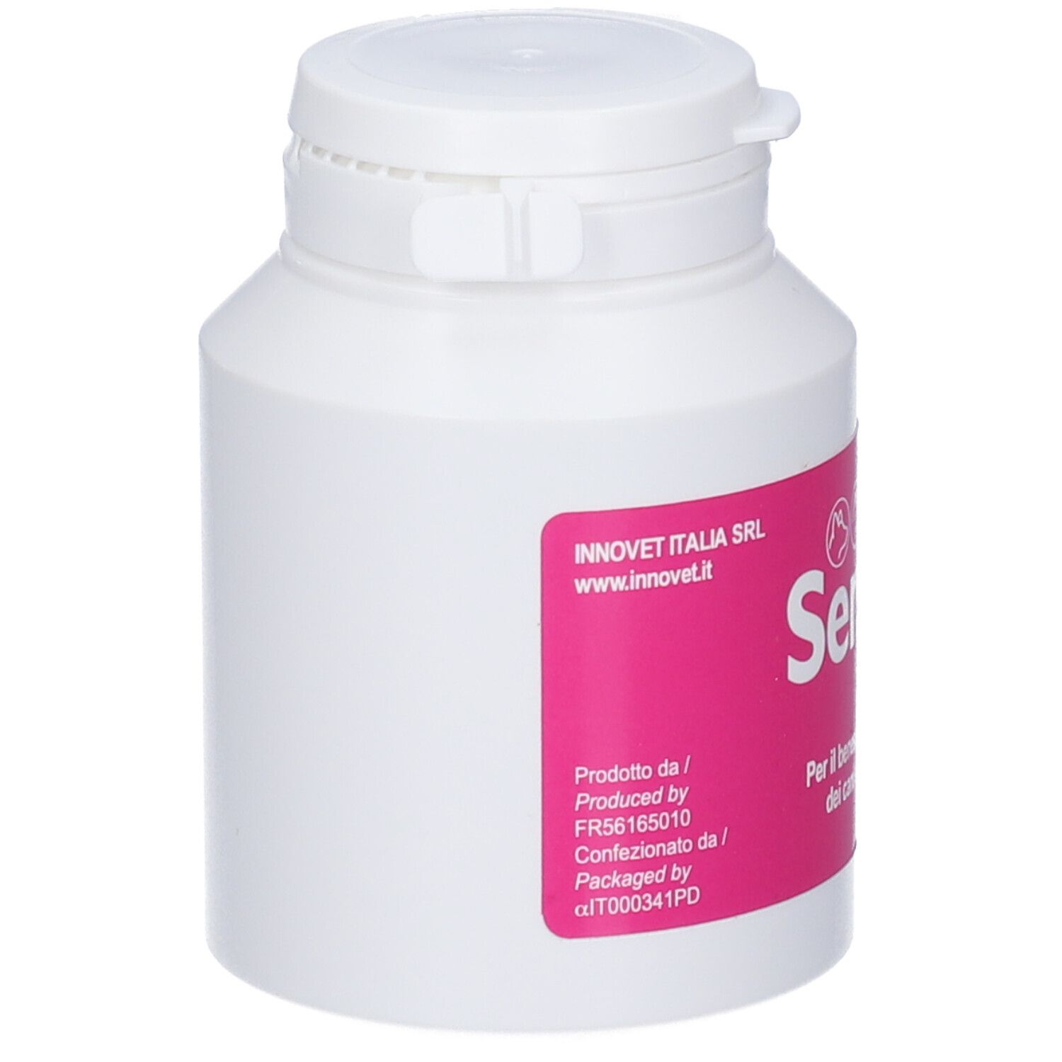 Flacone bianco in plastica con tappo a vite bianco ed etichetta rosa. Scritta: Innovet Italia Srl.
