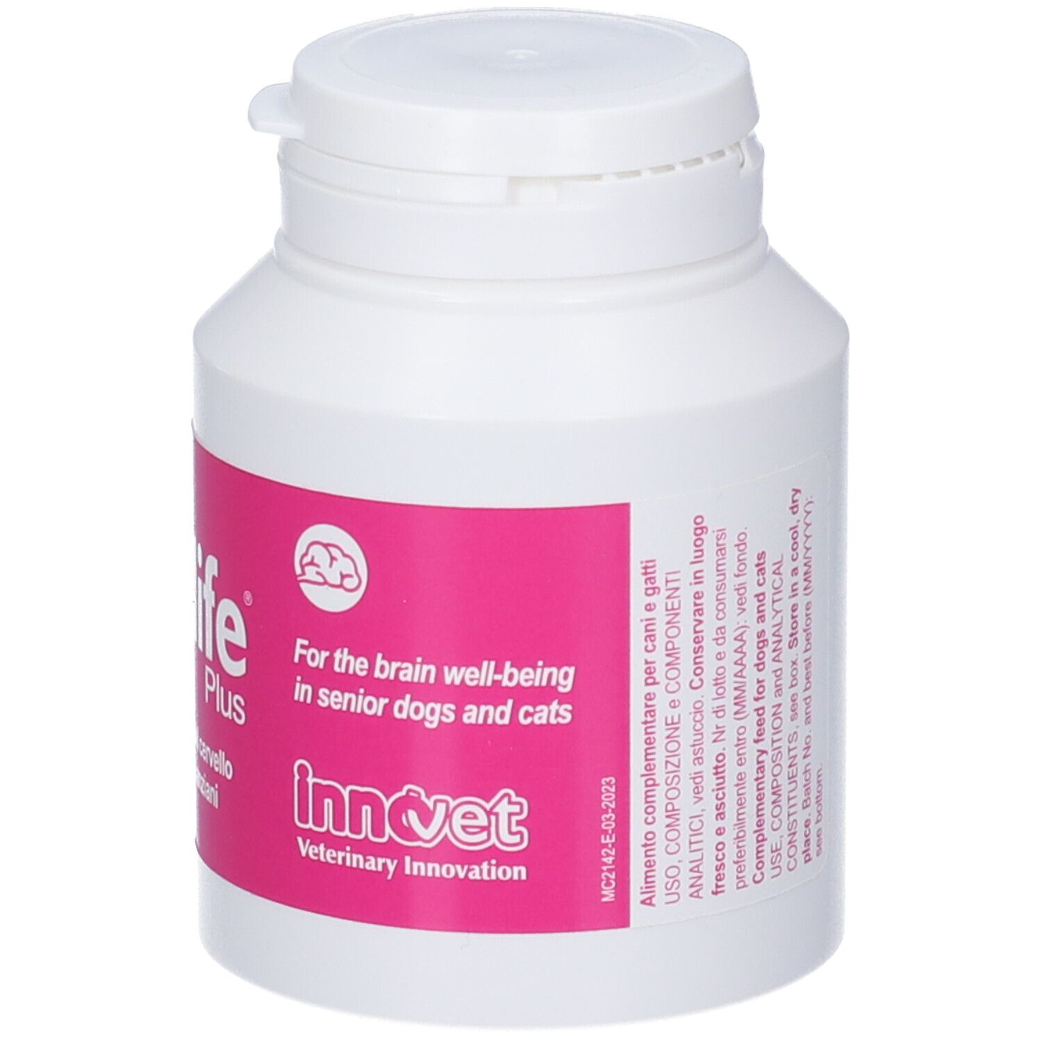 Flacone bianco con etichetta rosa per il benessere cerebrale di cani e gatti.