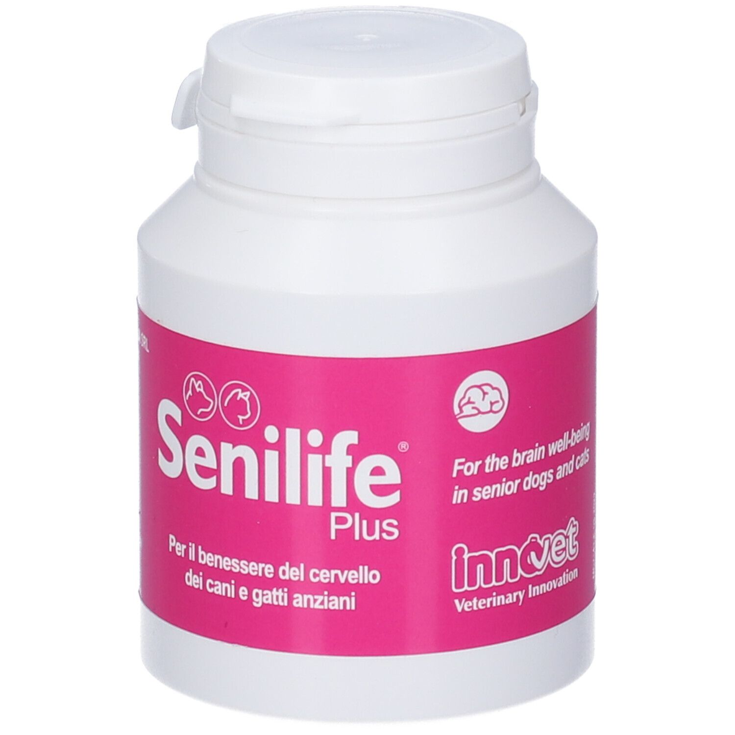 Barattolo bianco con etichetta rosa, Senilife Plus per il benessere cerebrale di cani e gatti anziani.