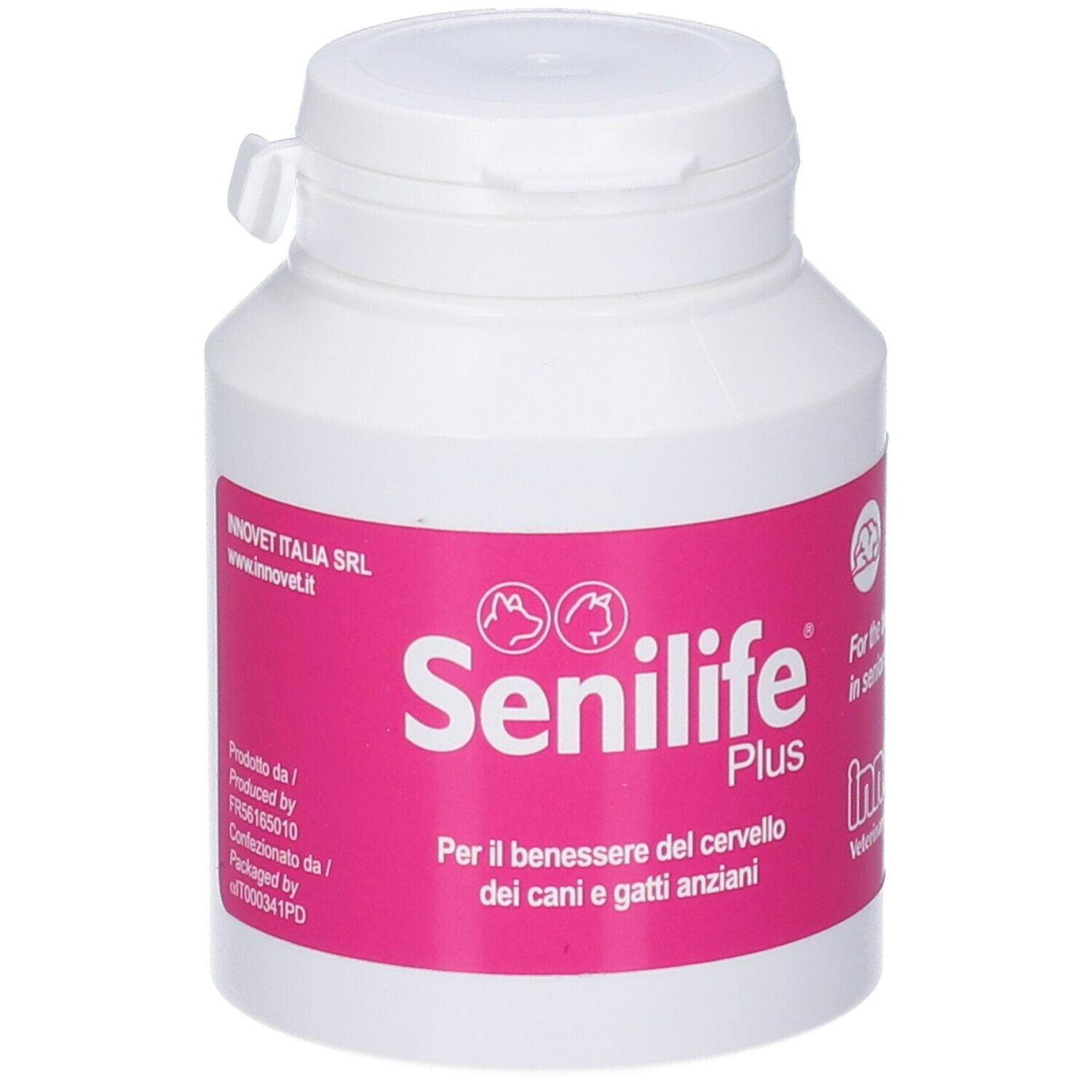 Flacone in plastica bianco con etichetta rosa "Senilife Plus" e teste di animali.