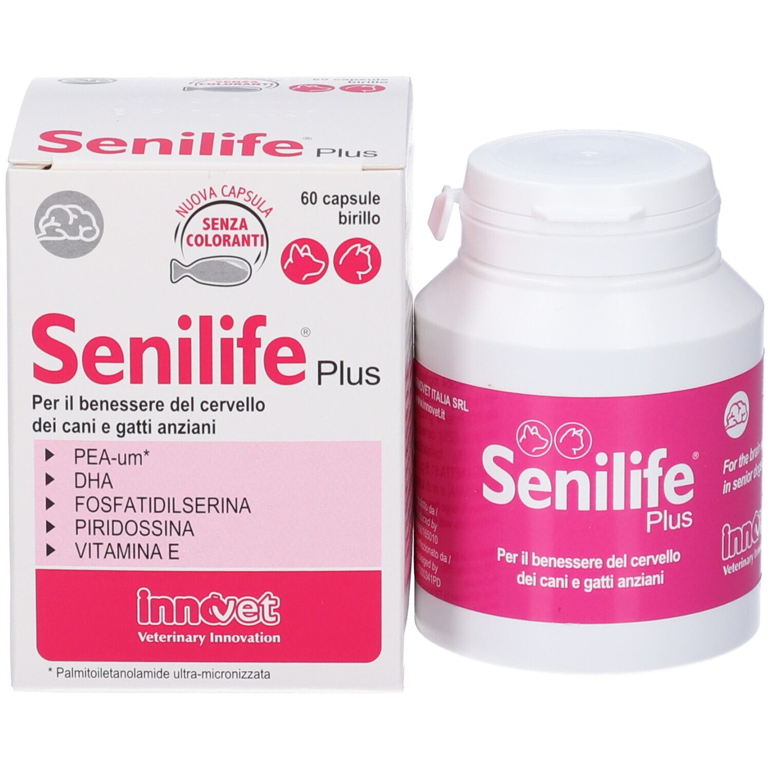 Capsule Senilife Plus per cani e gatti. Contiene 60 capsule.