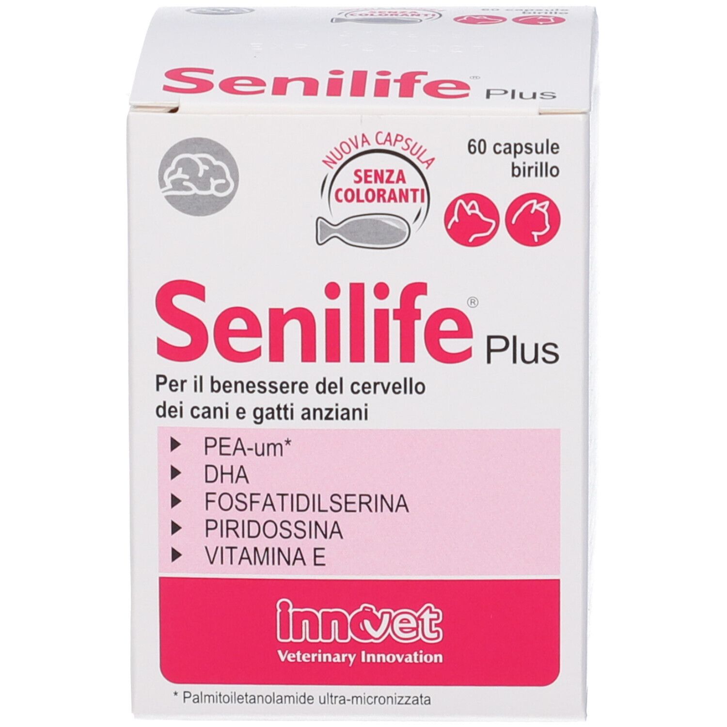Confezione Senilife Plus, 60 capsule senza coloranti, per cani e gatti.