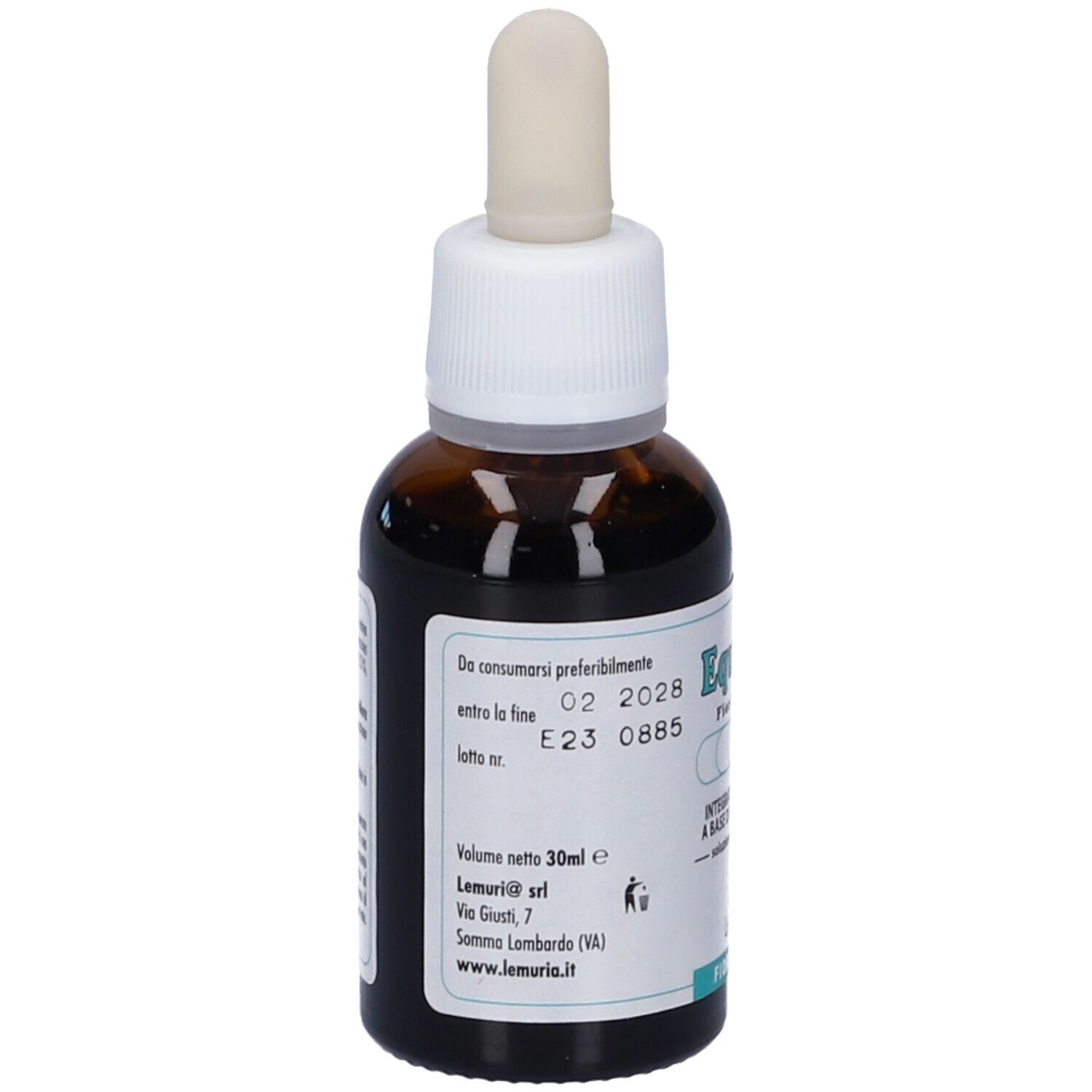 Retro del flacone di vetro marrone con tappo bianco. Etichetta con data di scadenza, numero di lotto e indirizzo del produttore.