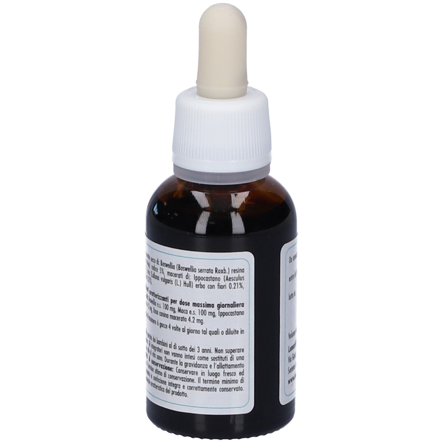 Flacone di vetro marrone con tappo bianco. Etichetta con ingredienti e raccomandazioni di dosaggio.