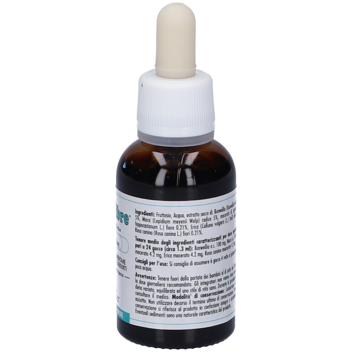 Flacone di vetro marrone con tappo bianco. Etichetta con ingredienti e avvertenze.