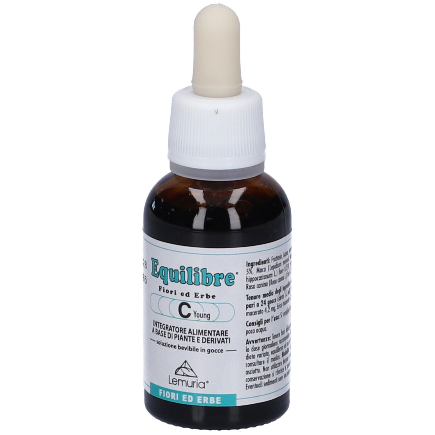 Flacone di vetro marrone con tappo bianco. Etichetta con nome del prodotto, ingredienti e informazioni del produttore.