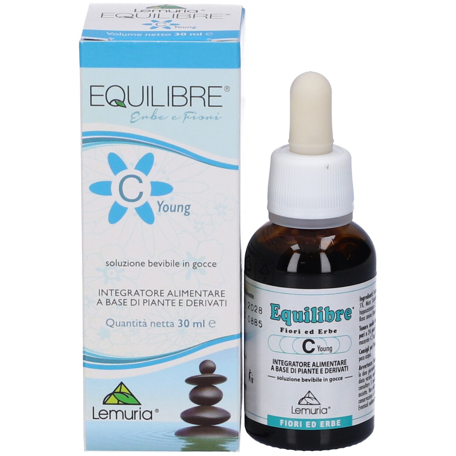 Flacone e scatola del prodotto. Flacone marrone, tappo bianco. Scatola blu e bianca con nome del prodotto e logo.